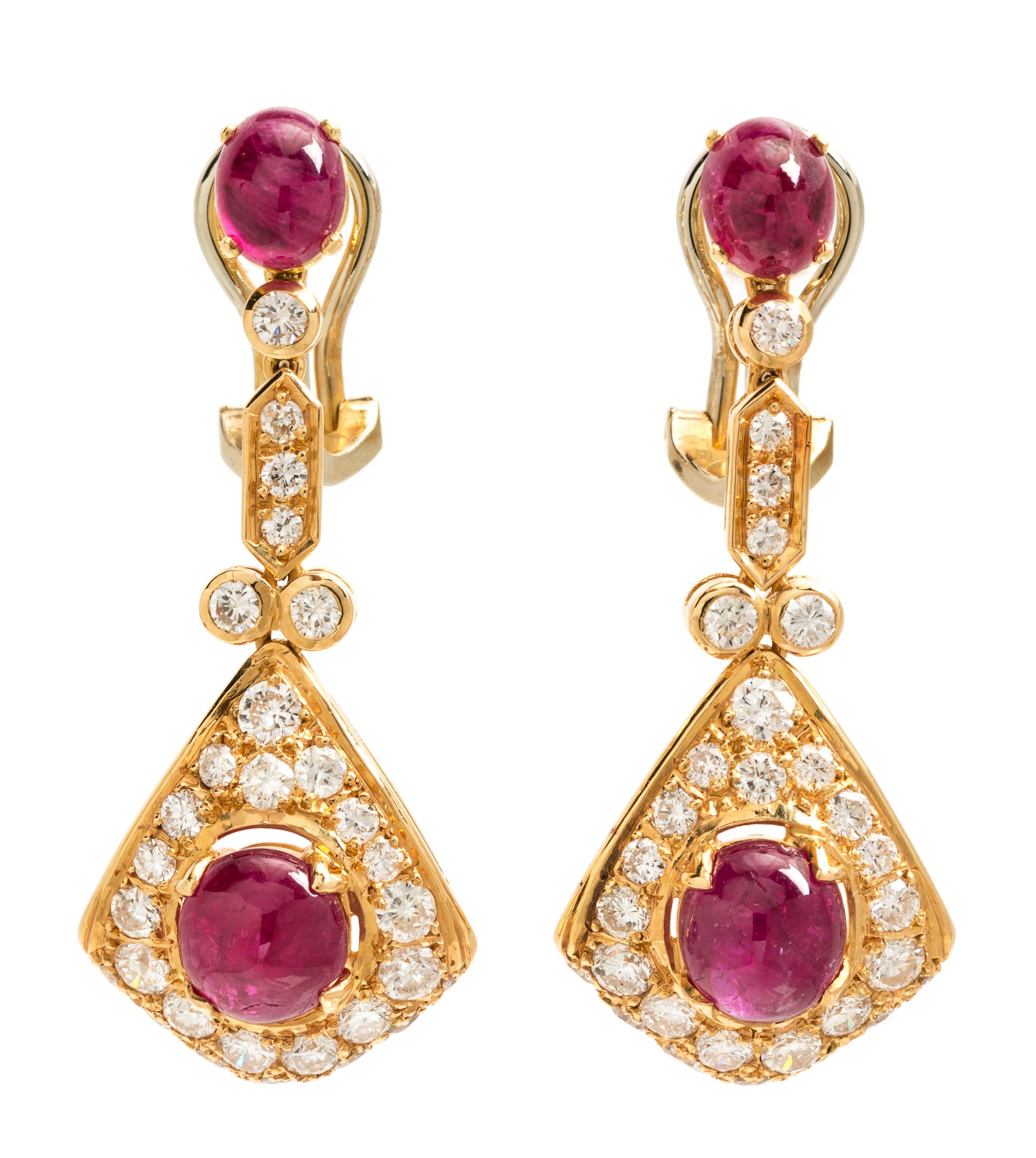 A Pair of Yellow Gold, Ruby and Diamond Pendant Earclips, 9.30 dwts