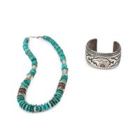 Sterling Silver, Brass, and Turquoise Nugget Necklace, AND Sterling Silver Overlay Bear Cuff Bracelet