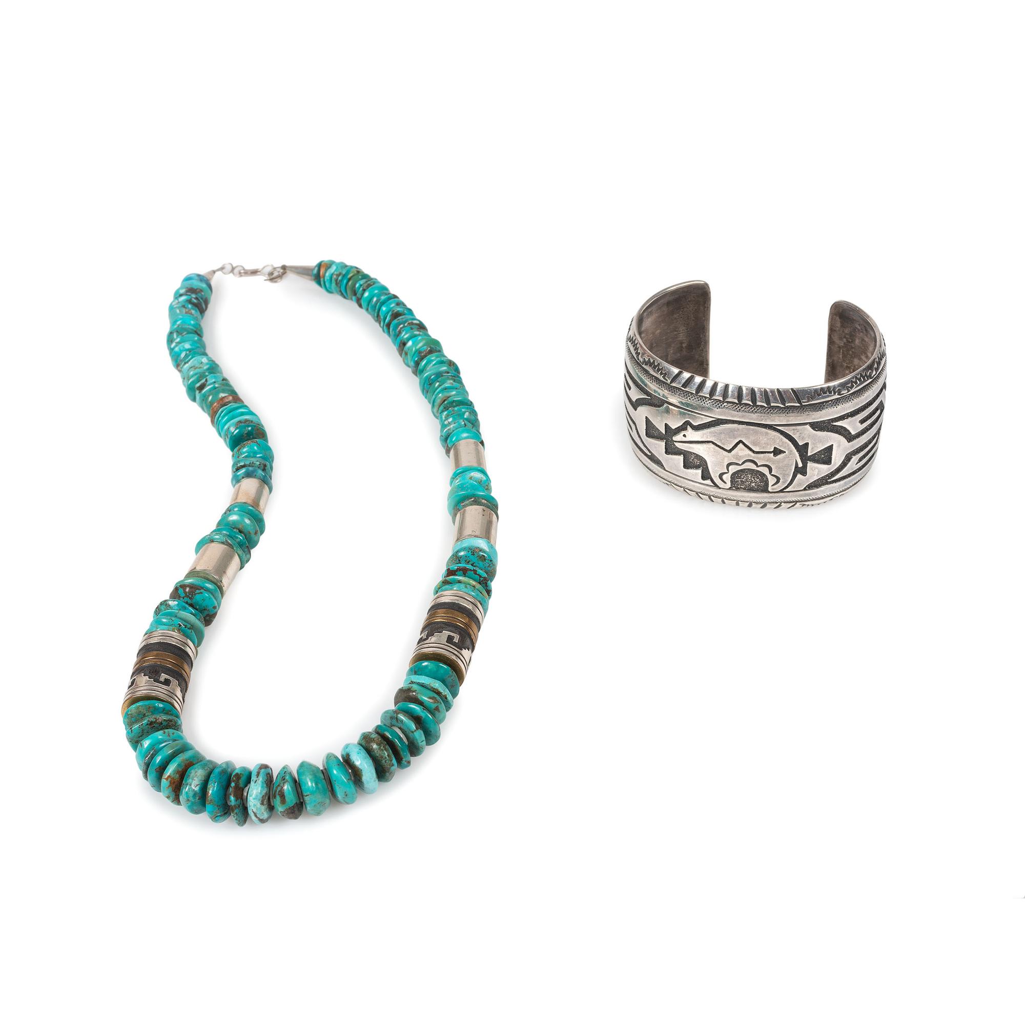 Sterling Silver, Brass, and Turquoise Nugget Necklace, AND Sterling Silver Overlay Bear Cuff Bracelet