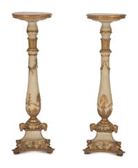 A Pair of Louis XV Style Painted and Parcel Gilt Pedestals