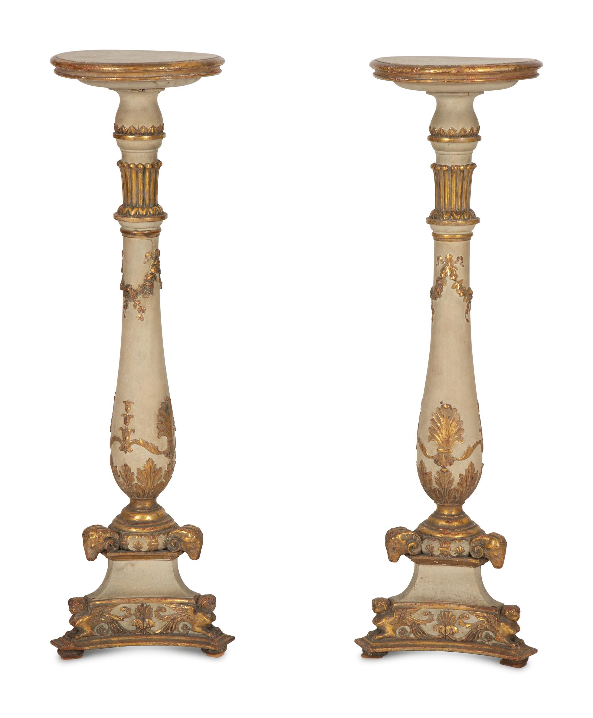 A Pair of Louis XV Style Painted and Parcel Gilt Pedestals