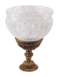 A Large Rock Crystal Bowl on a Jeweled Gilt Metal Base