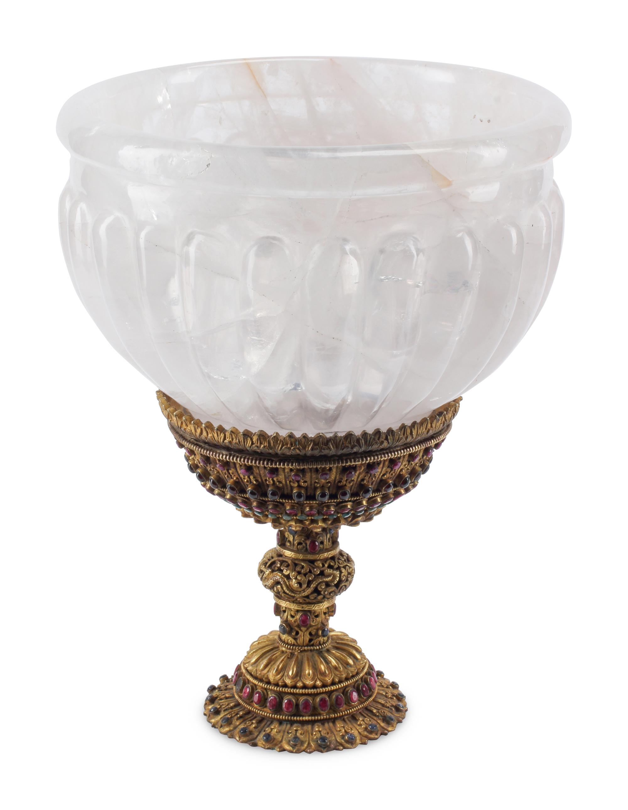 A Large Rock Crystal Bowl on a Jeweled Gilt Metal Base