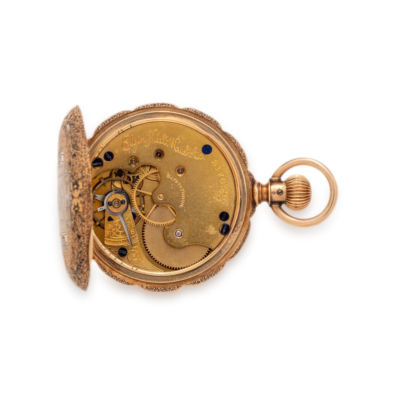 ELGIN, 14K YELLOW GOLD AND ENAMEL HUNTER CASE POCKET WATCH