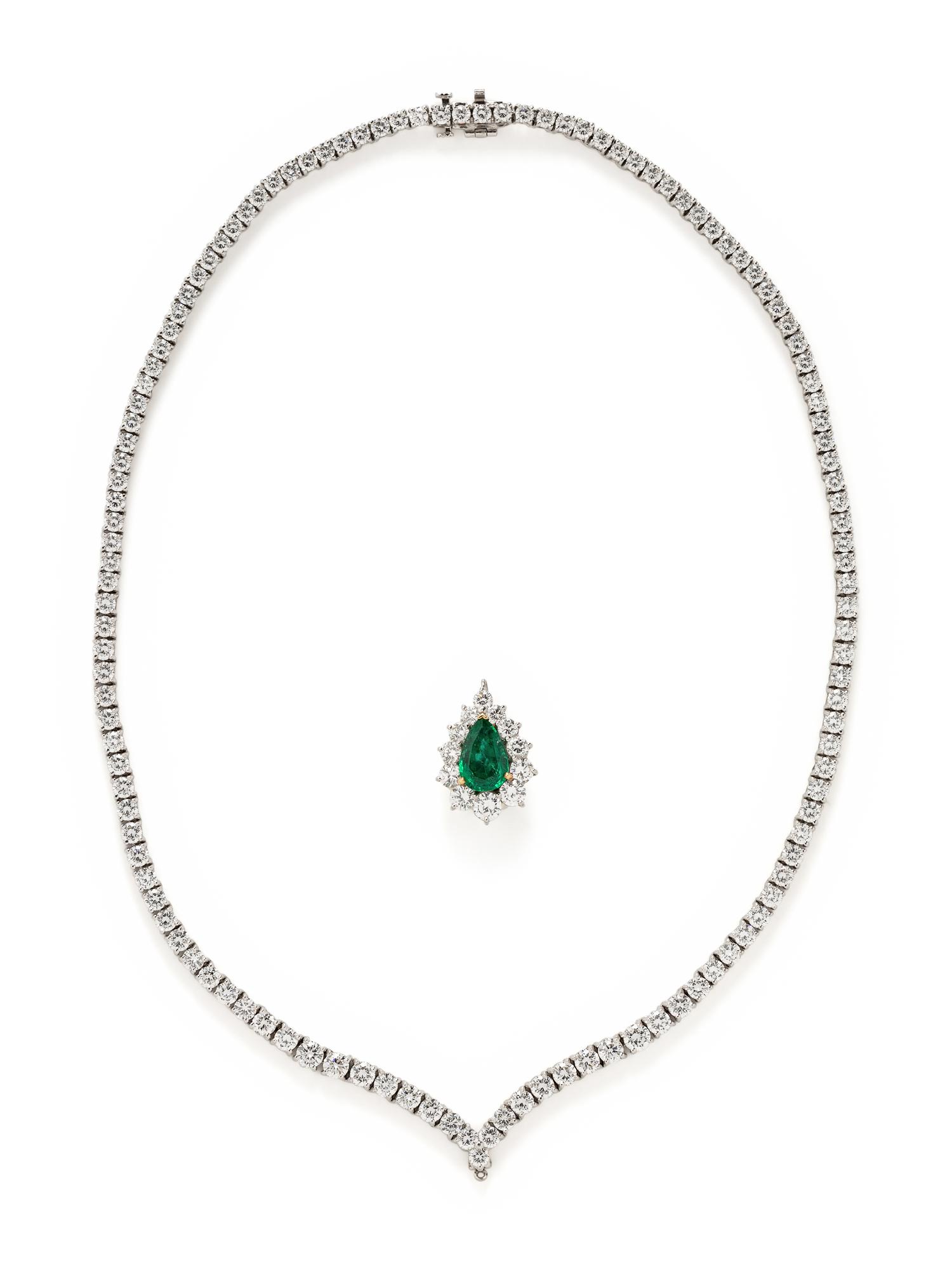CARTIER, DIAMOND NECKLACE WITH EMERALD PENDANT