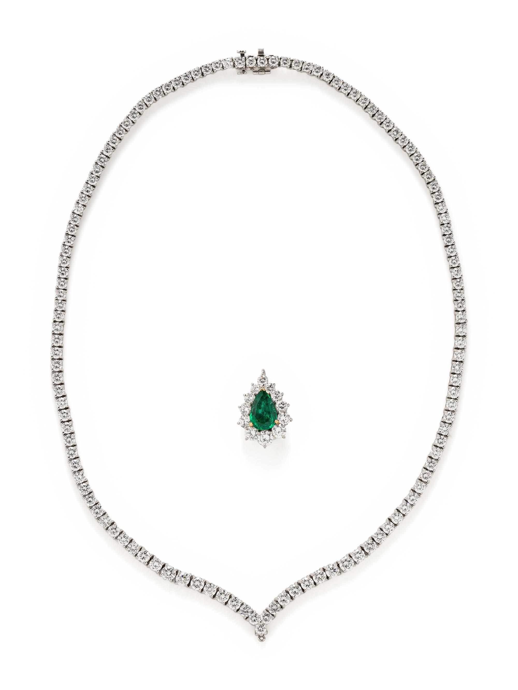 CARTIER, DIAMOND NECKLACE WITH EMERALD PENDANT