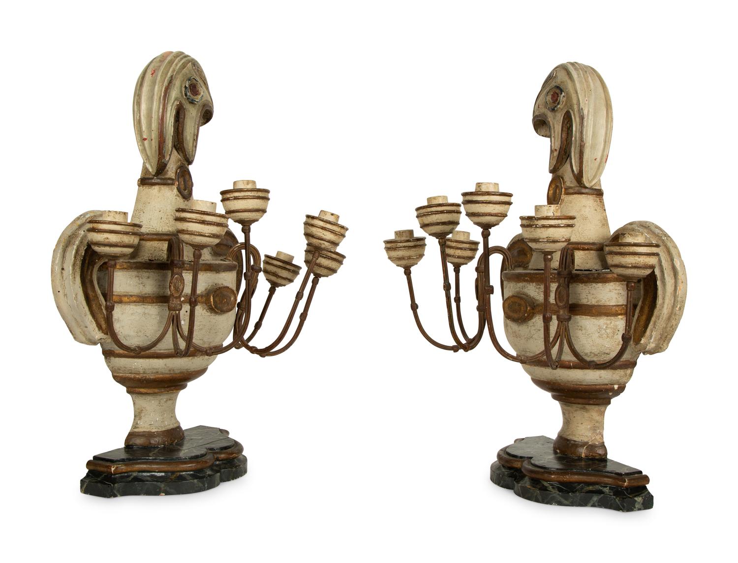 A Pair of French Painted Wood Three-Light Candelabra — EARLY 19TH CENTURY
