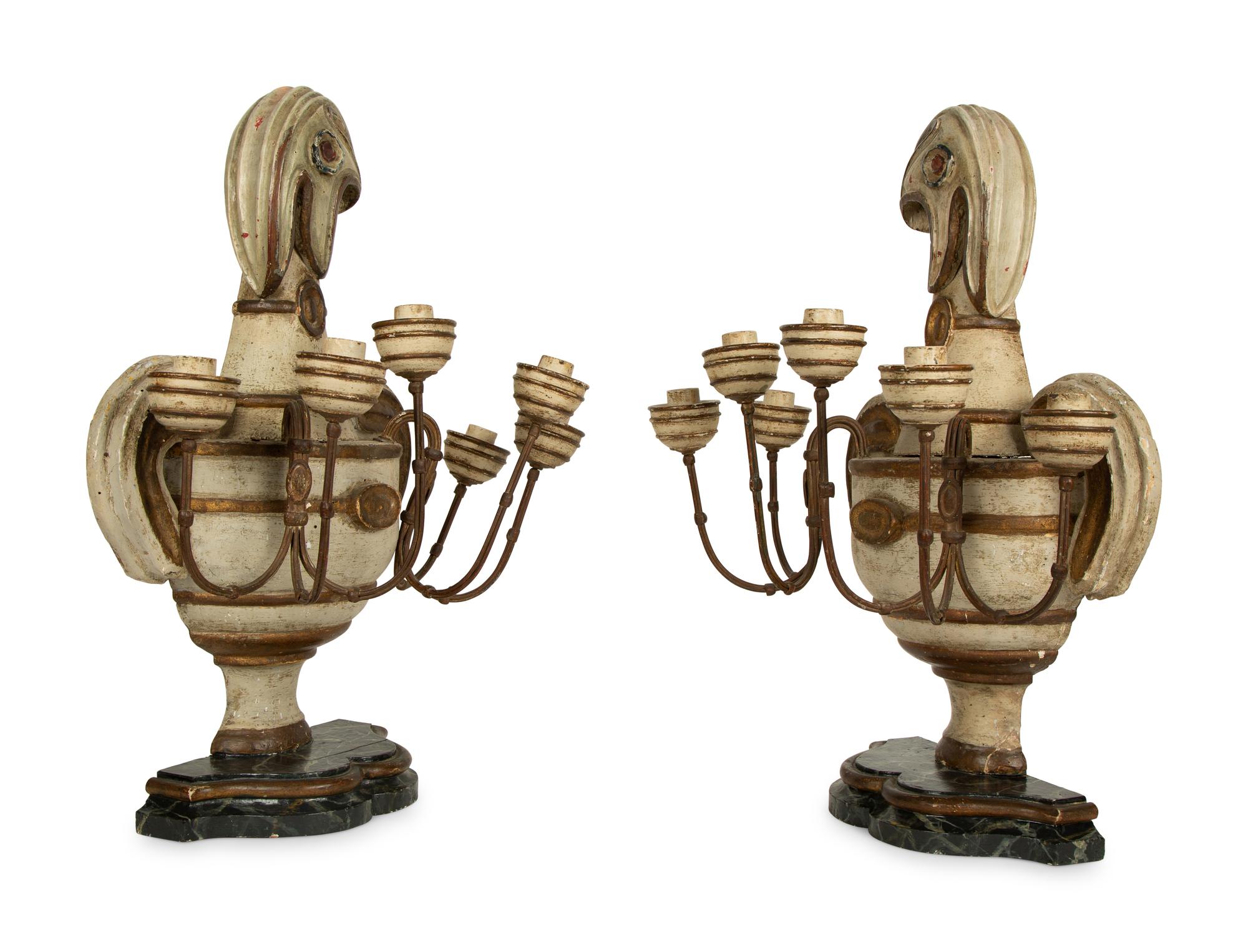 A Pair of French Painted Wood Three-Light Candelabra — EARLY 19TH CENTURY