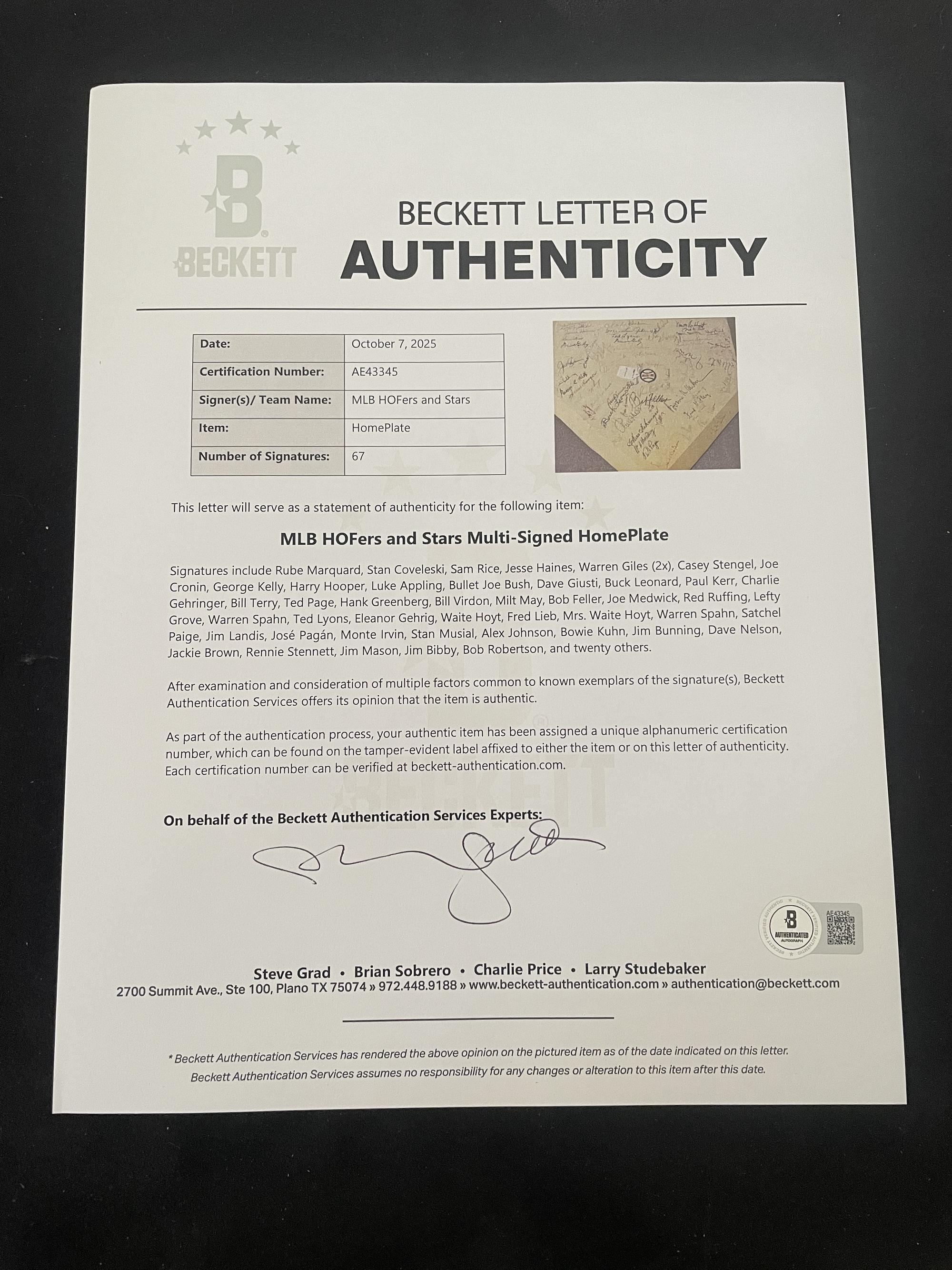 A Baseball Hall of Fame and Notables Signed Autograph Home Plate - 67 Signatures Including Satchel Paige (Beckett Authentication Services Letter)