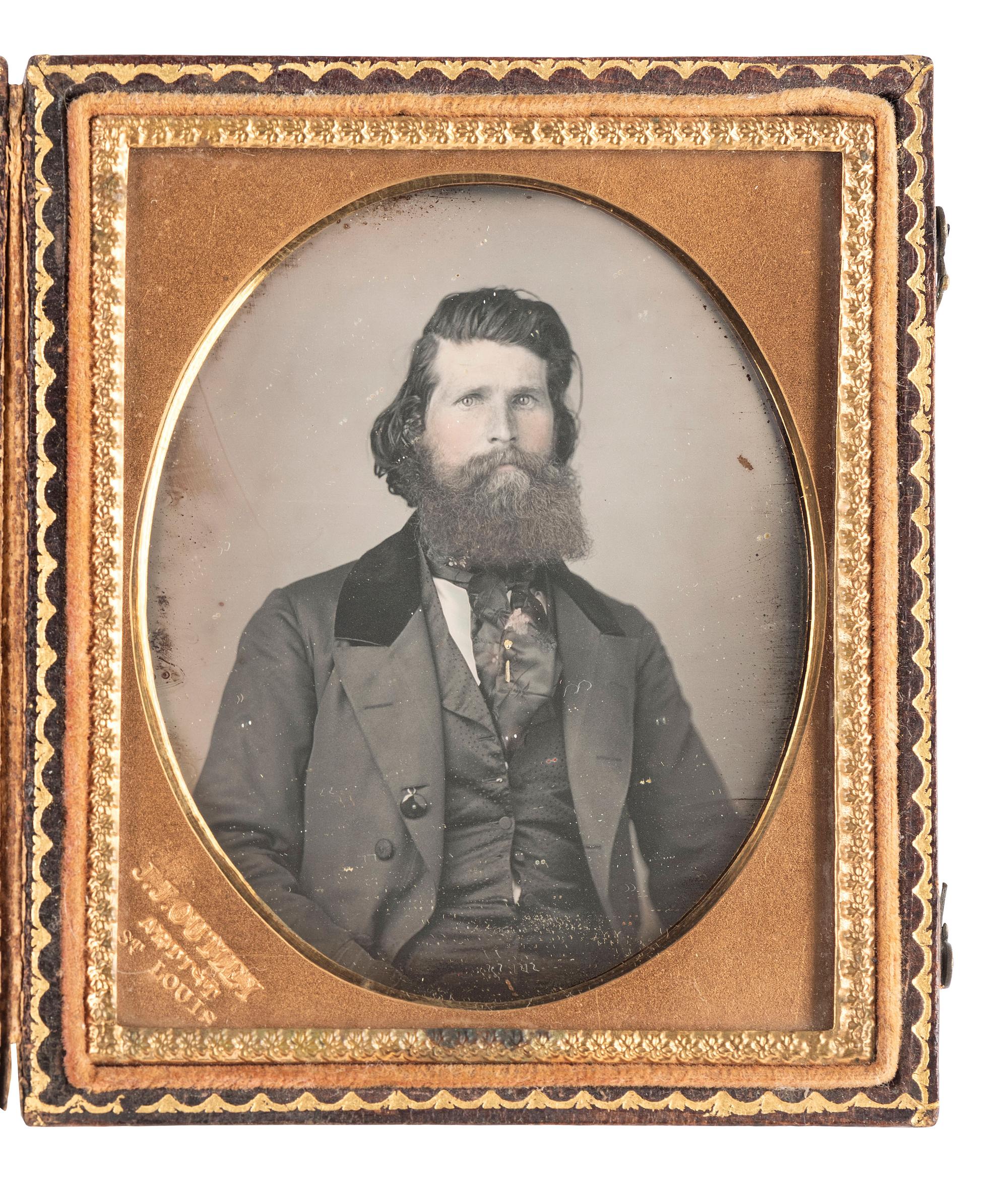 [EARLY PHOTOGRAPHY - MINING]. OUTLEY, J.J. (1815-1892), photographer. Sixth plate daguerreotype featuring a bearded gentleman wearing a gold stick pin. St. Louis, MO.