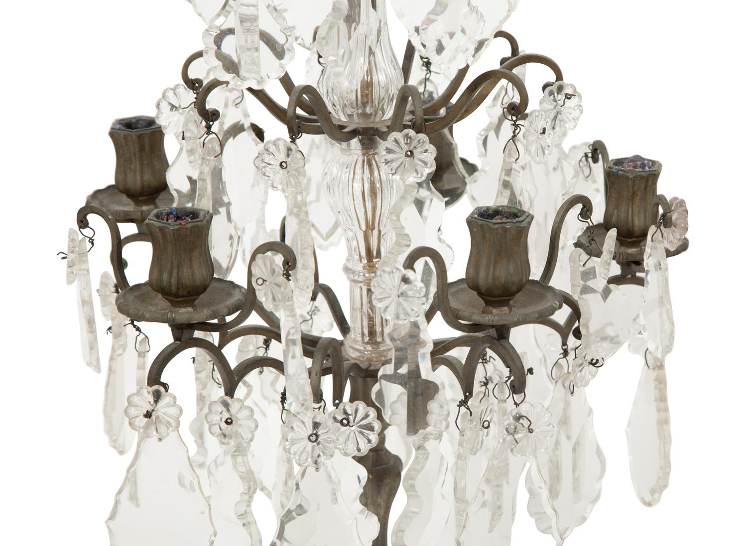 A Pair of French Bronze and Glass Five-Light Girandoles