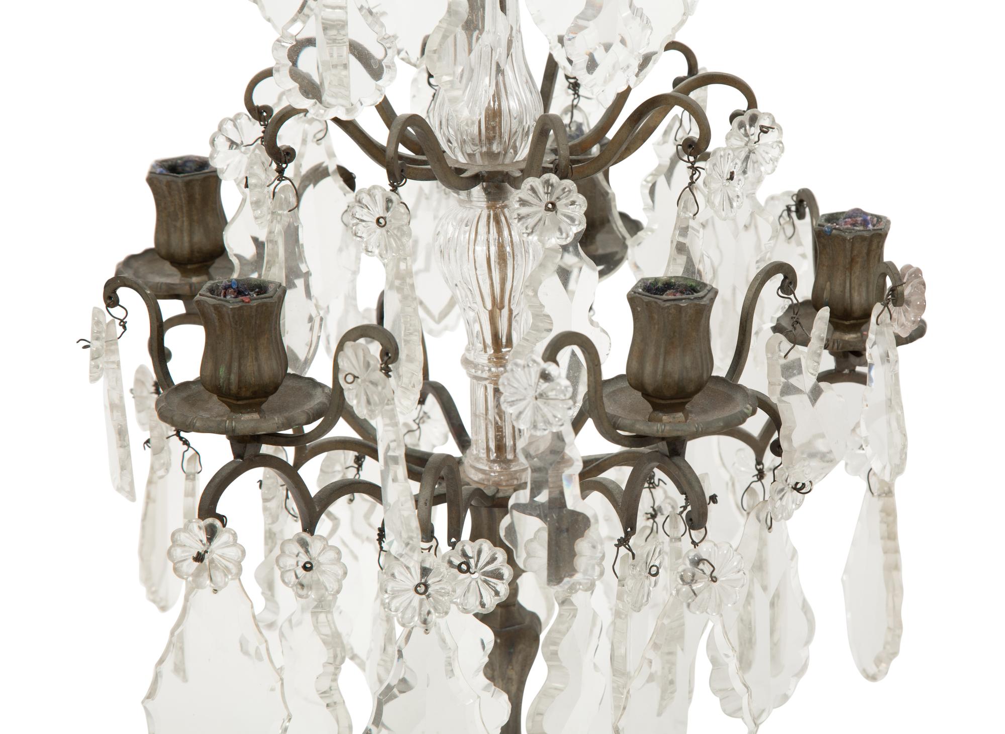 A Pair of French Bronze and Glass Five-Light Girandoles