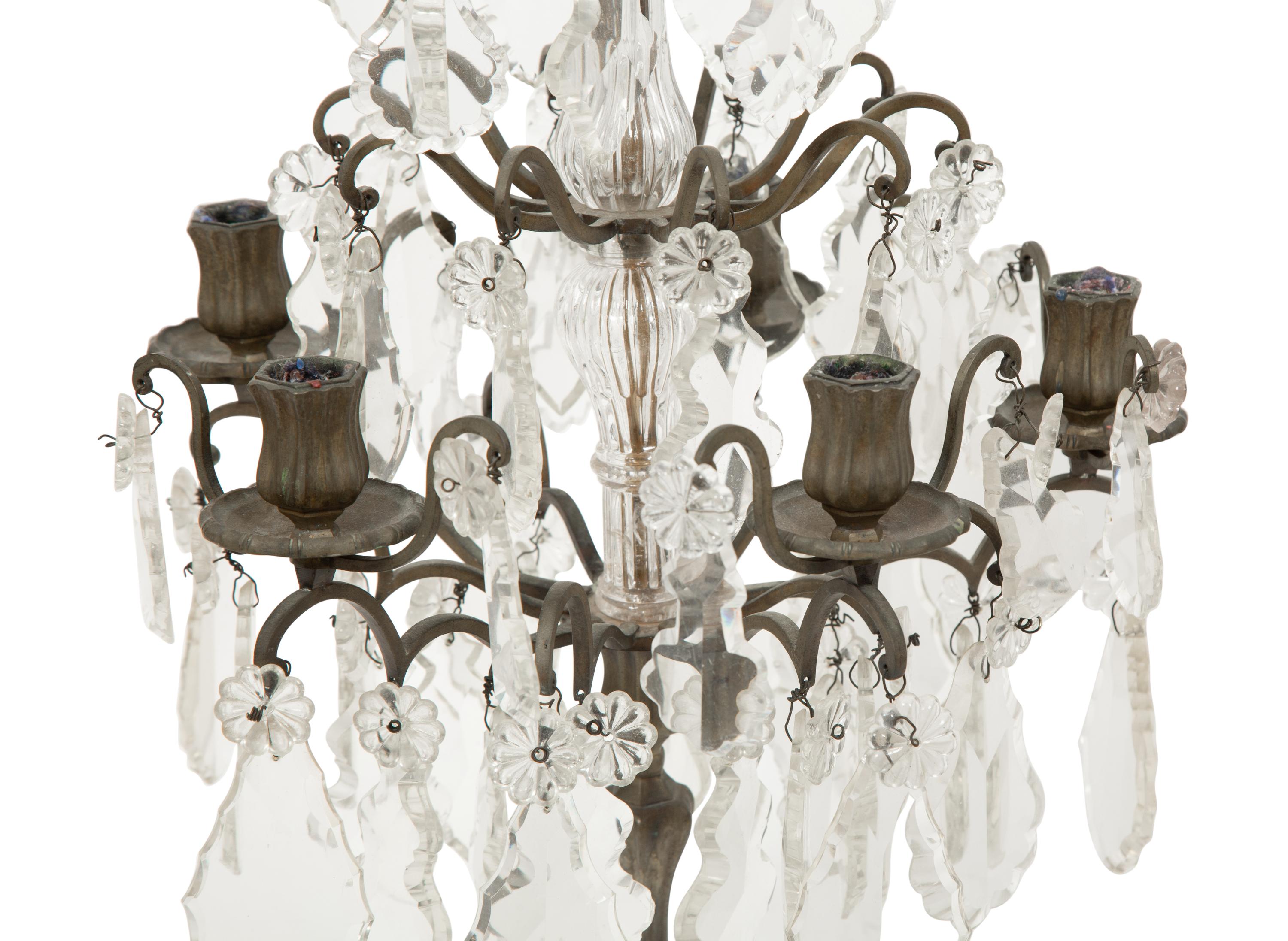 A Pair of French Bronze and Glass Five-Light Girandoles