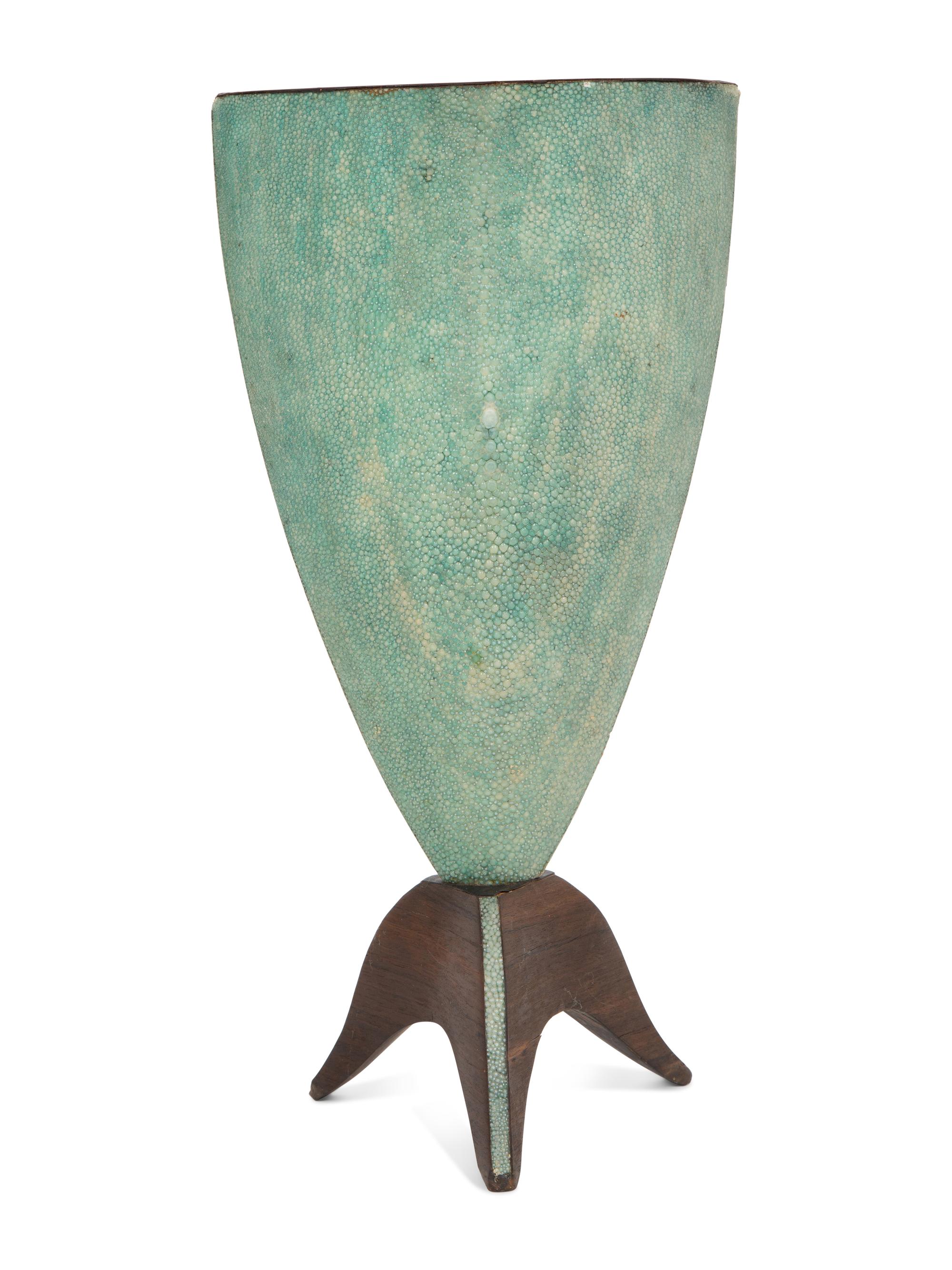 A Green Shagreen and Wood Vase by R and Y Augousti, London.