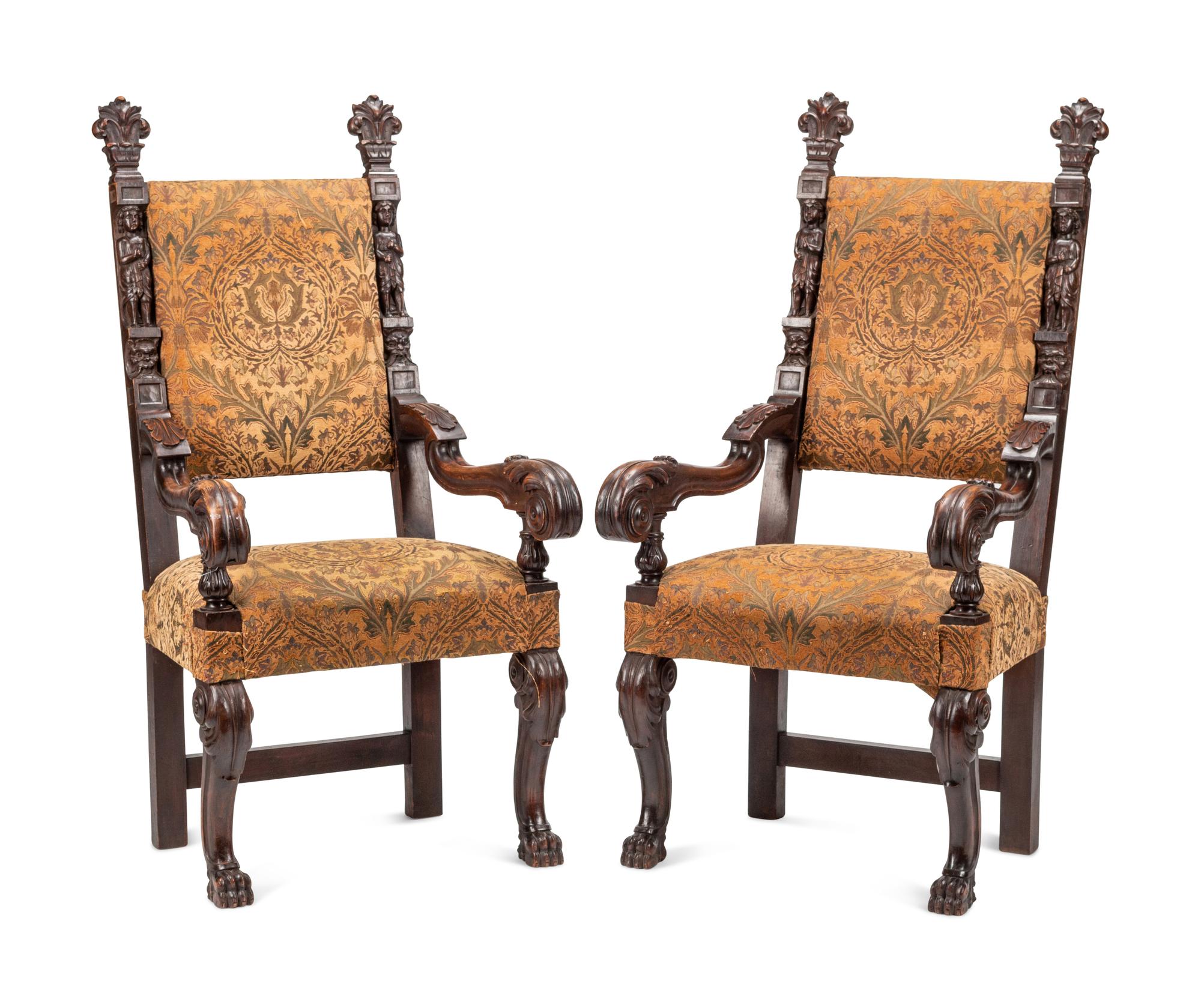 A Pair of Flemish Baroque Style Carved Walnut Armchairs