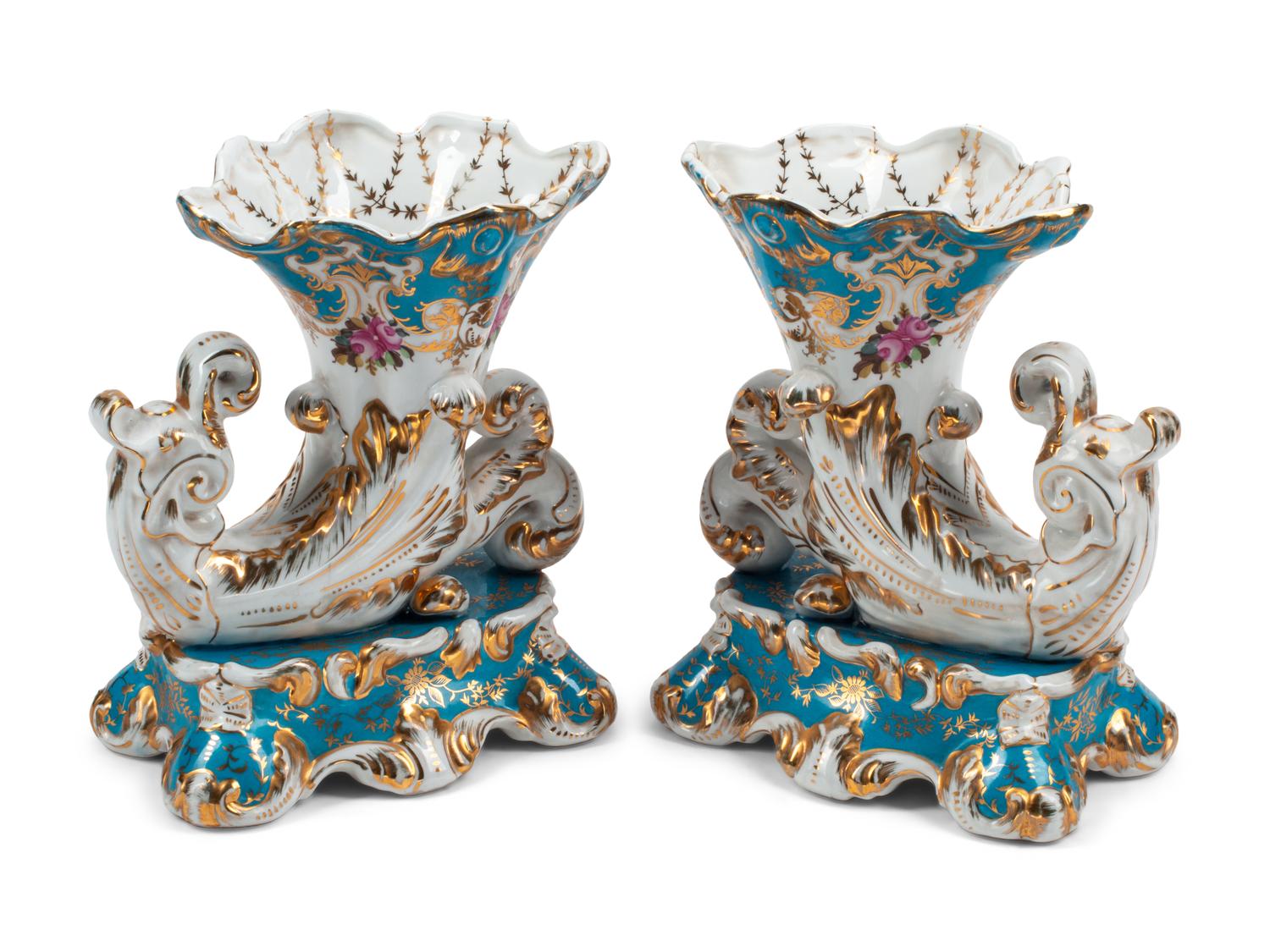 A Pair of Sèvres Style Porcelain Cornucopia Vases