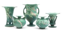 Five Roseville Bleeding Heart Pottery Vases Height of tallest 8 1/2 inches.