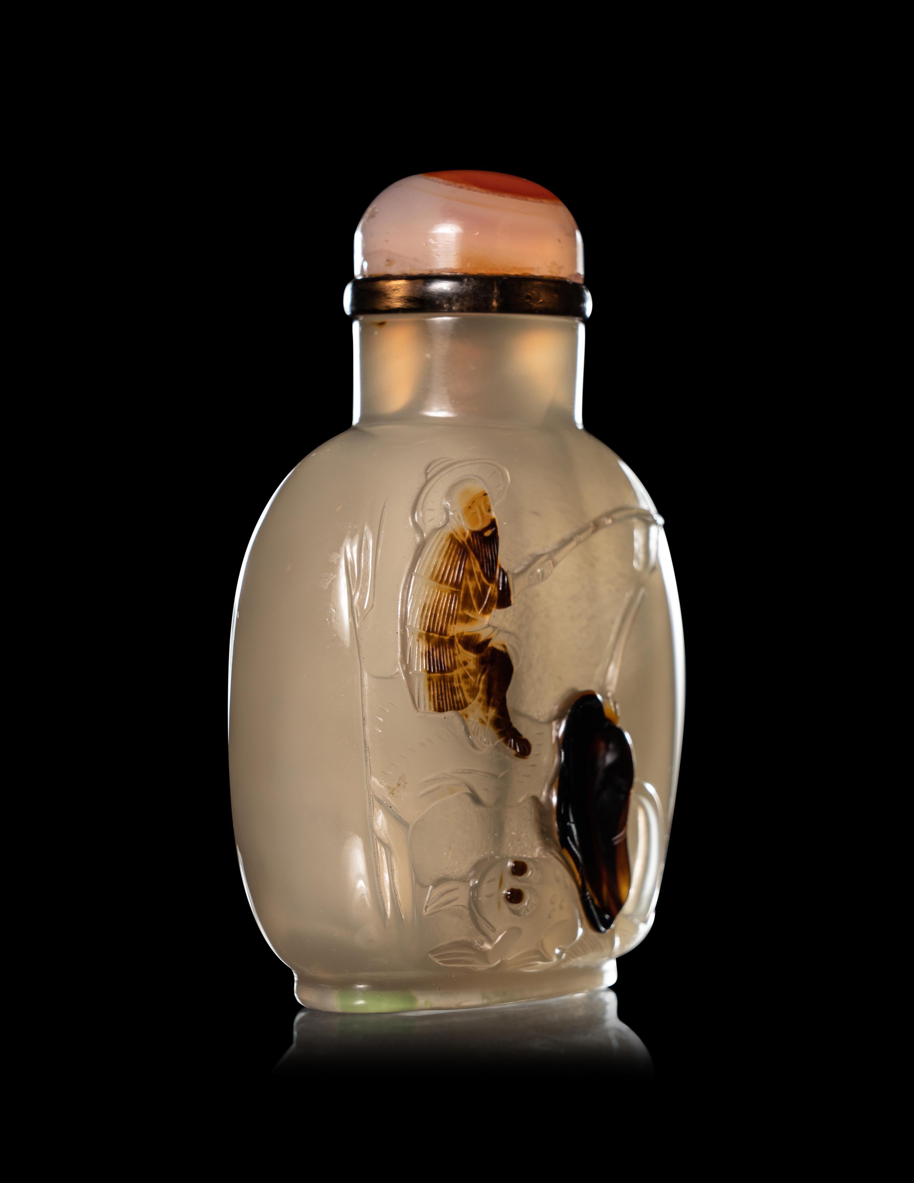 Two Carved Silhouette Agate Snuff Bottles