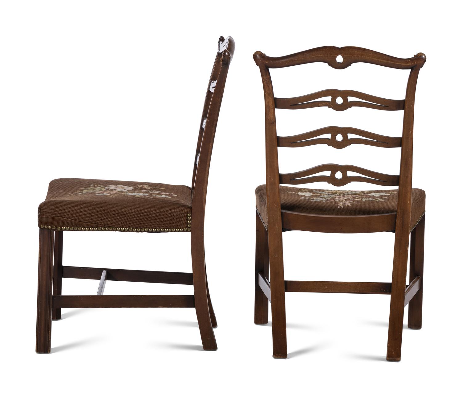 A Pair of Needlepoint Upholstered Mahogany Ribbon Back Side Chairs