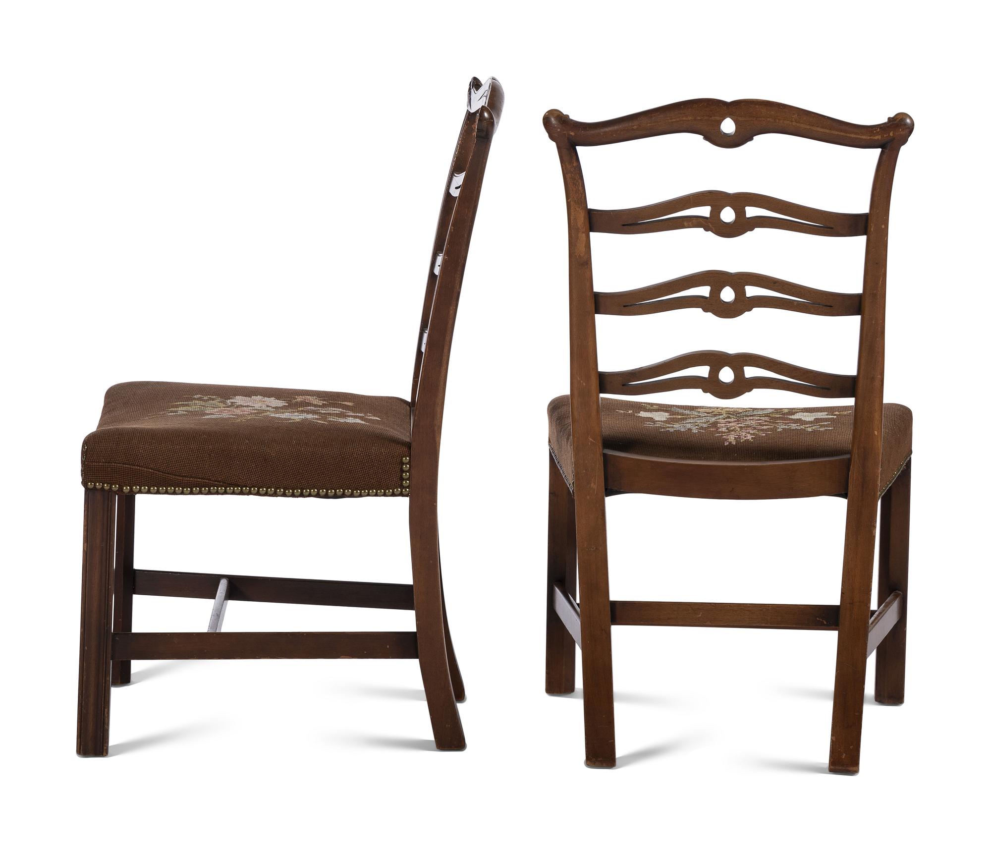 A Pair of Needlepoint Upholstered Mahogany Ribbon Back Side Chairs