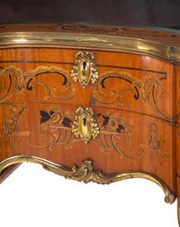 A Louis XV Style Gilt Bronze Mounted Penwork and Marquetry Vitrine Commode