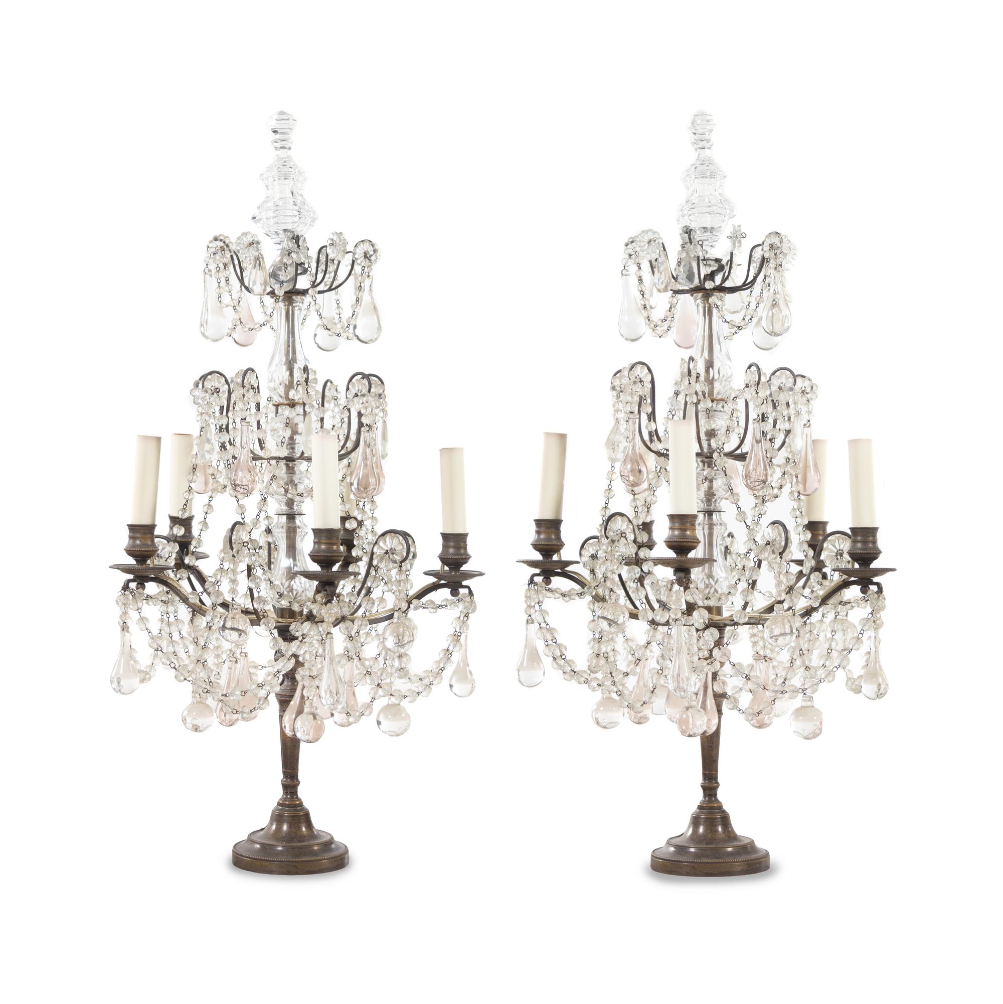 A Pair of Brass and Glass Five-Light Candelabra