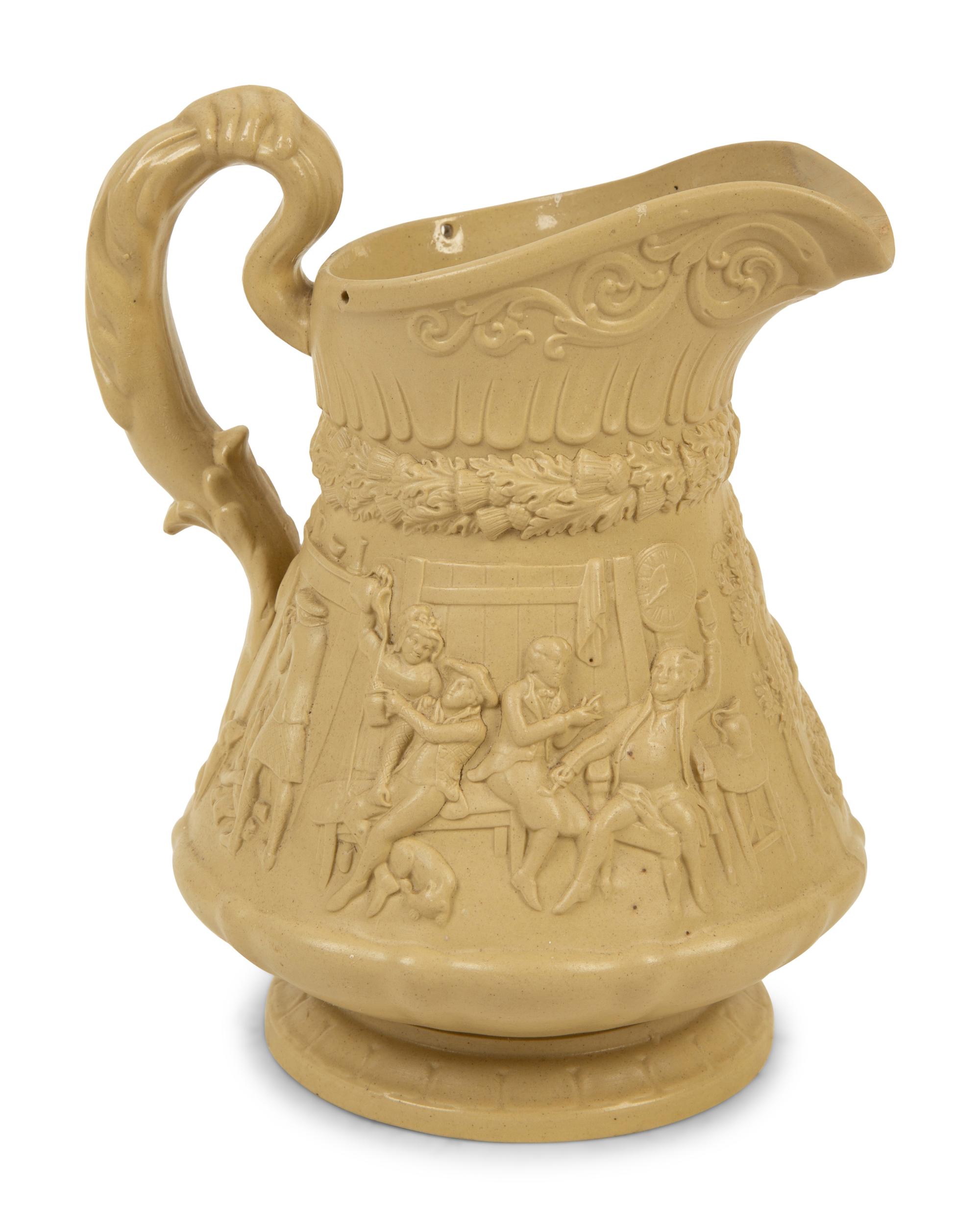 A Collection of Seven English Salt Glazed Relief Form Pitchers — 19TH/20TH CENTURY