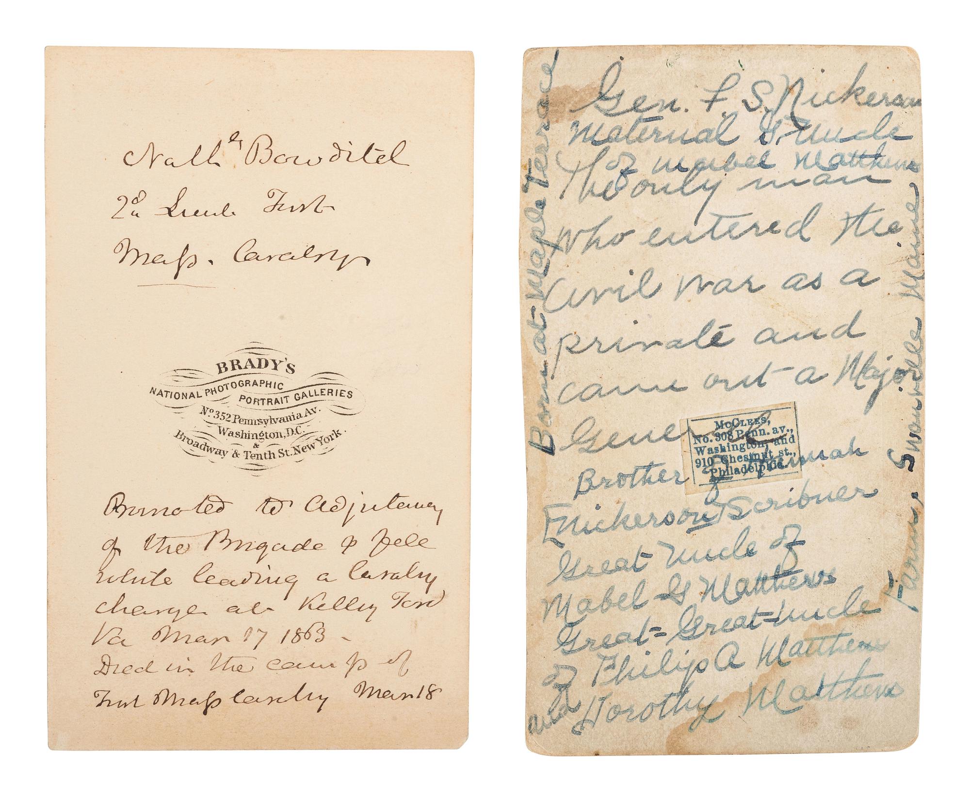 [CIVIL WAR]. 2 CDVs of Gen. Franklin S. NICKERSON & Lt. Nathaniel BOWDITCH, DOW at Kelly's Ford.