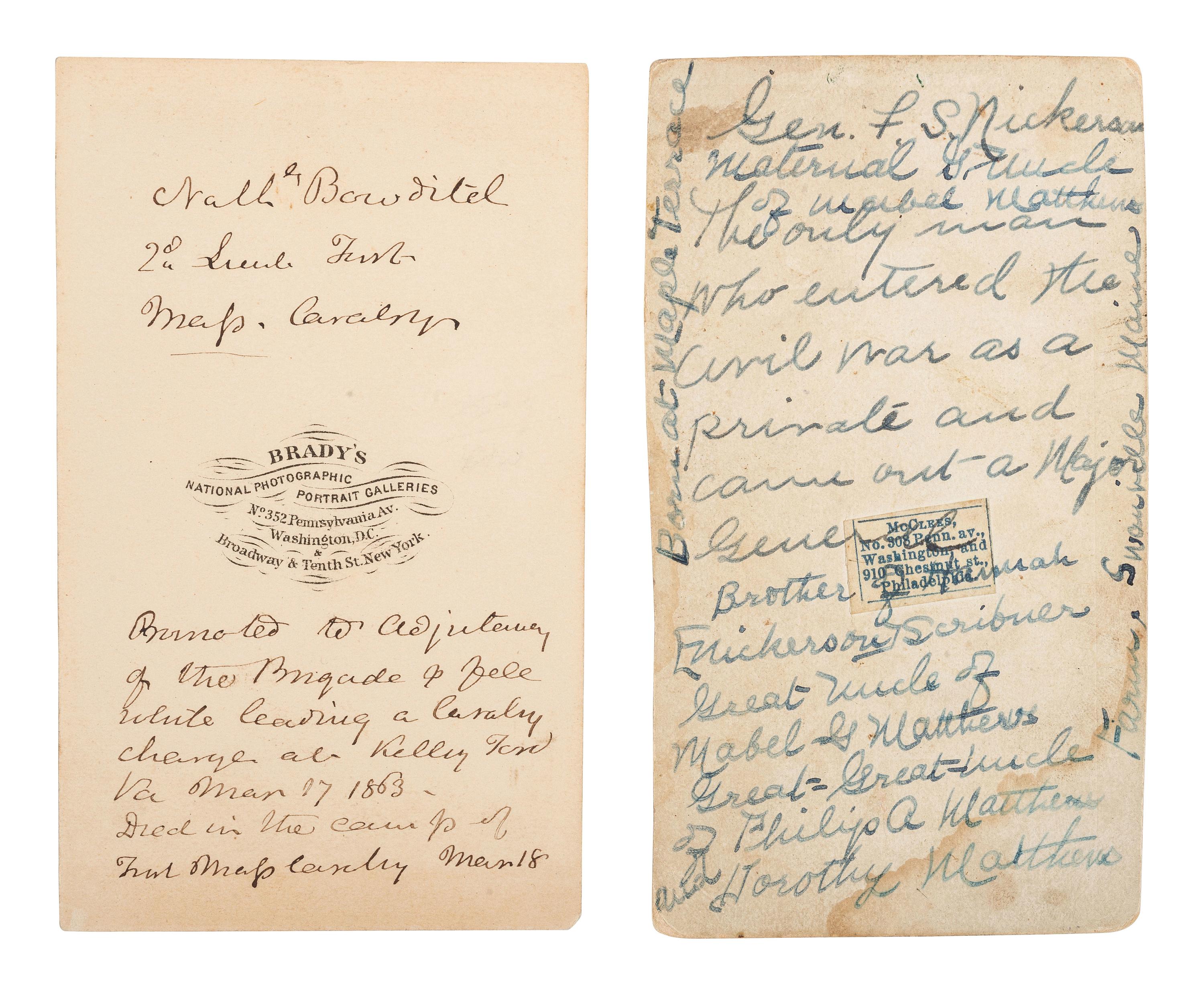 [CIVIL WAR]. 2 CDVs of Gen. Franklin S. NICKERSON & Lt. Nathaniel BOWDITCH, DOW at Kelly's Ford.