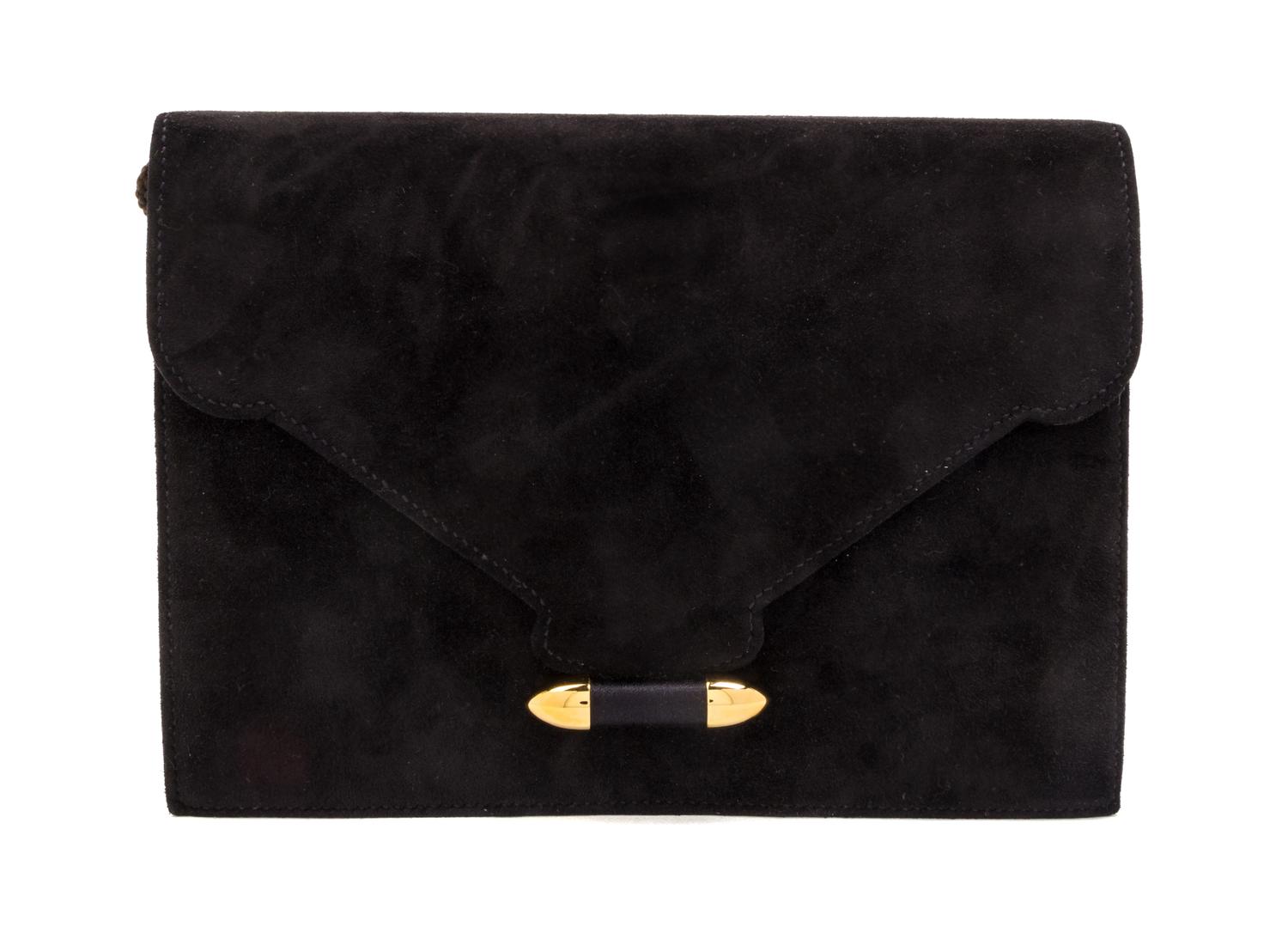 An Hermes Black Suede Clutch, 8 1/2 x 6 x 1 inches.