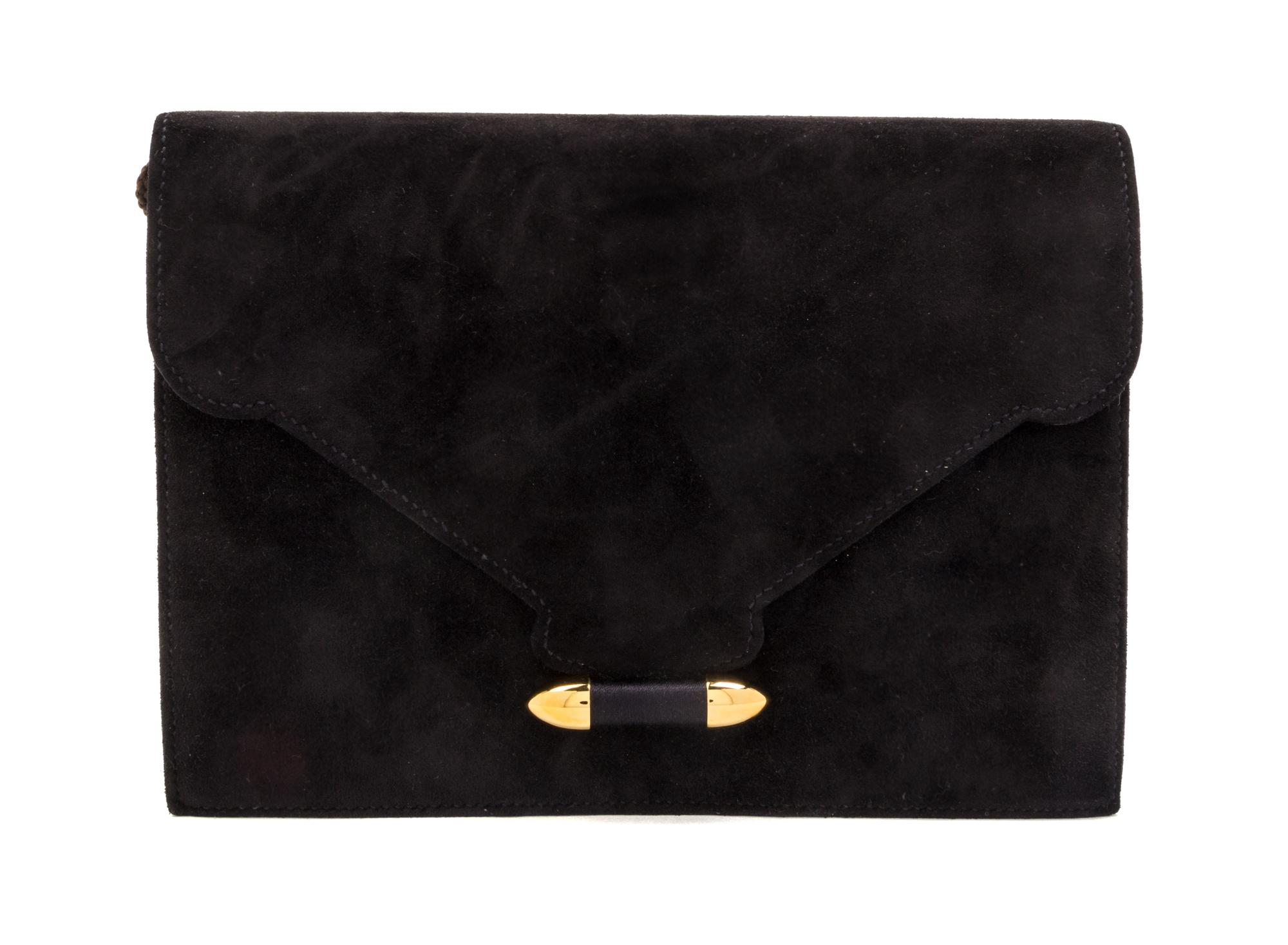 An Hermes Black Suede Clutch, 8 1/2 x 6 x 1 inches.