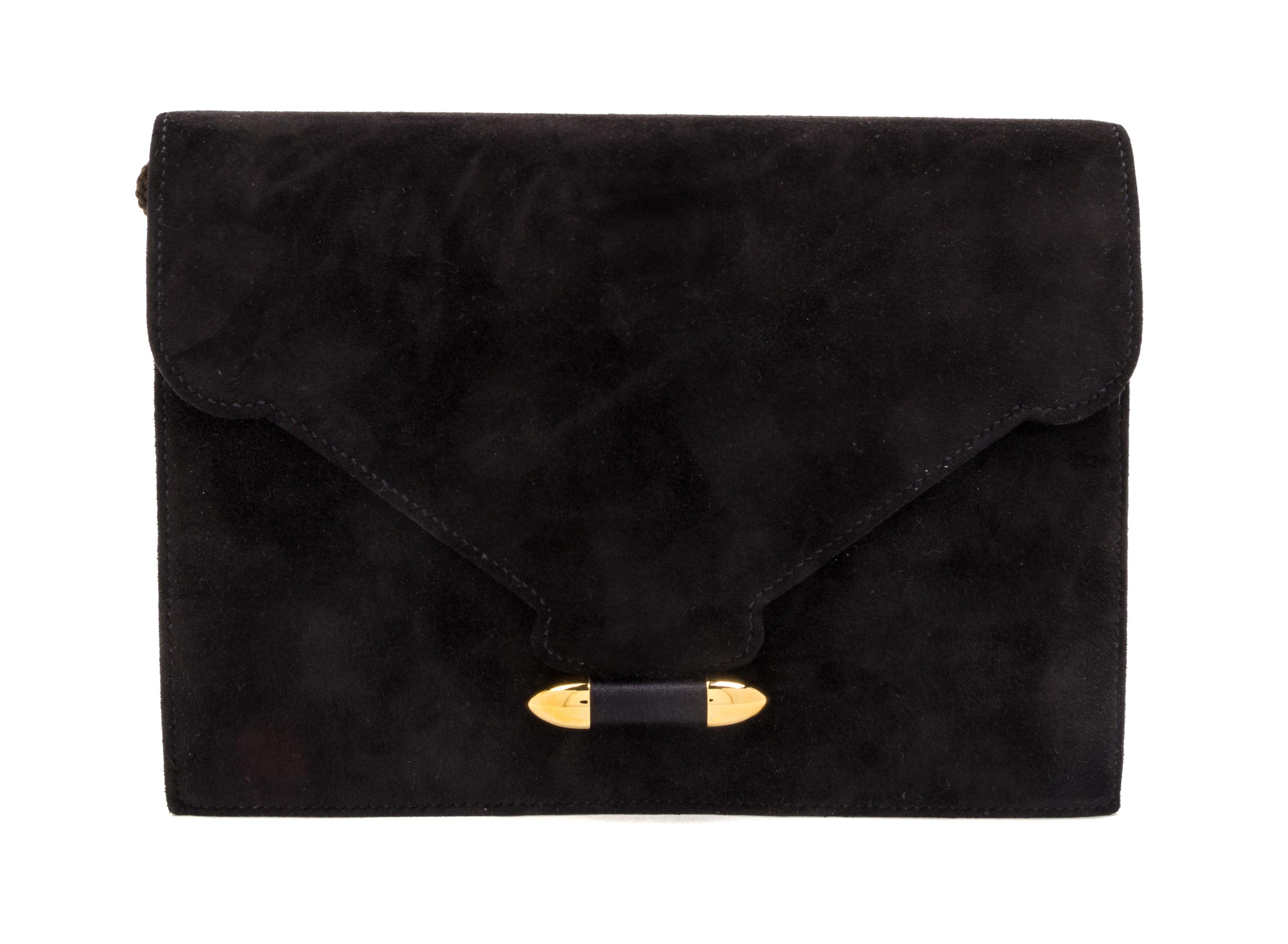 An Hermes Black Suede Clutch, 8 1/2 x 6 x 1 inches.
