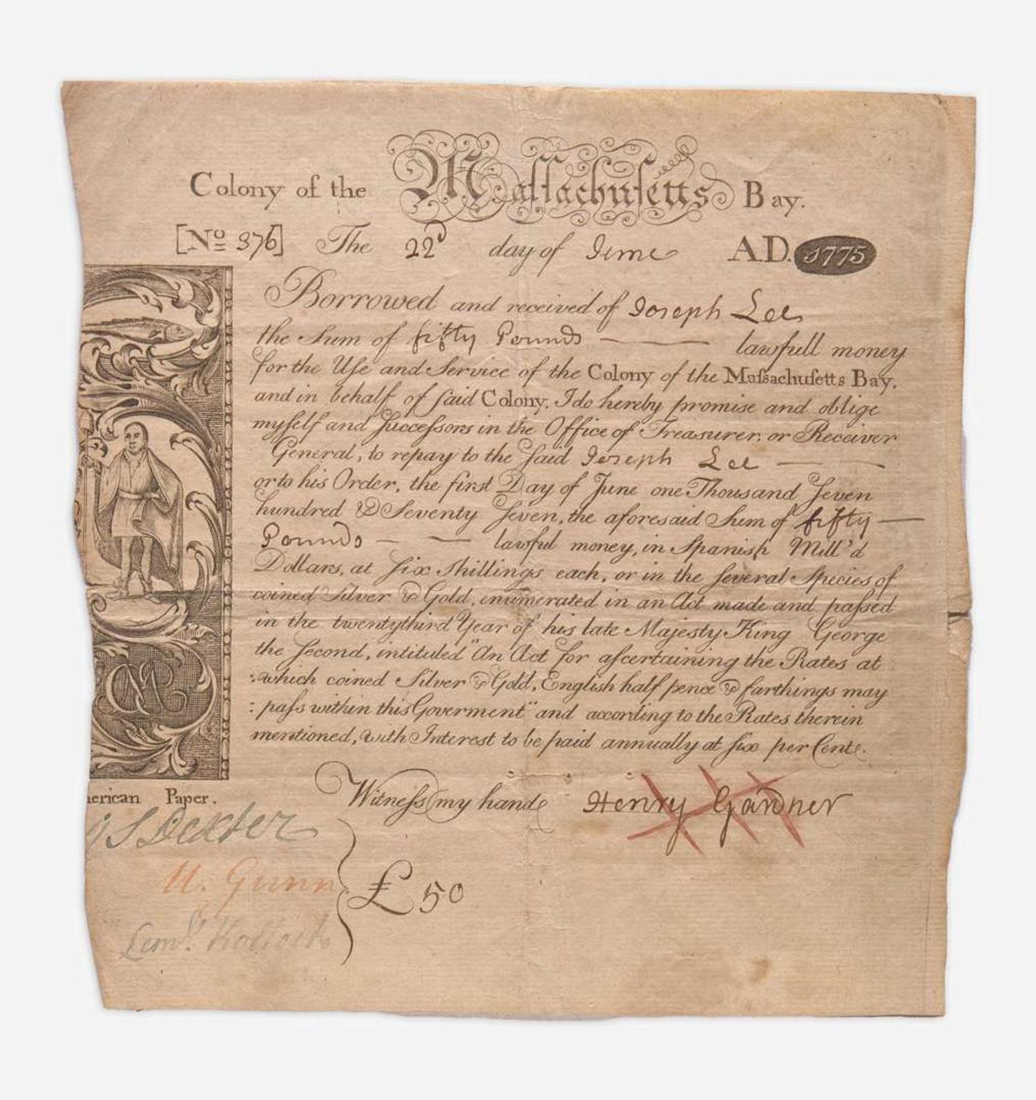 [American Revolution] [Revere, Paul] Partially-printed Colony of the Massachusetts Bay bond
