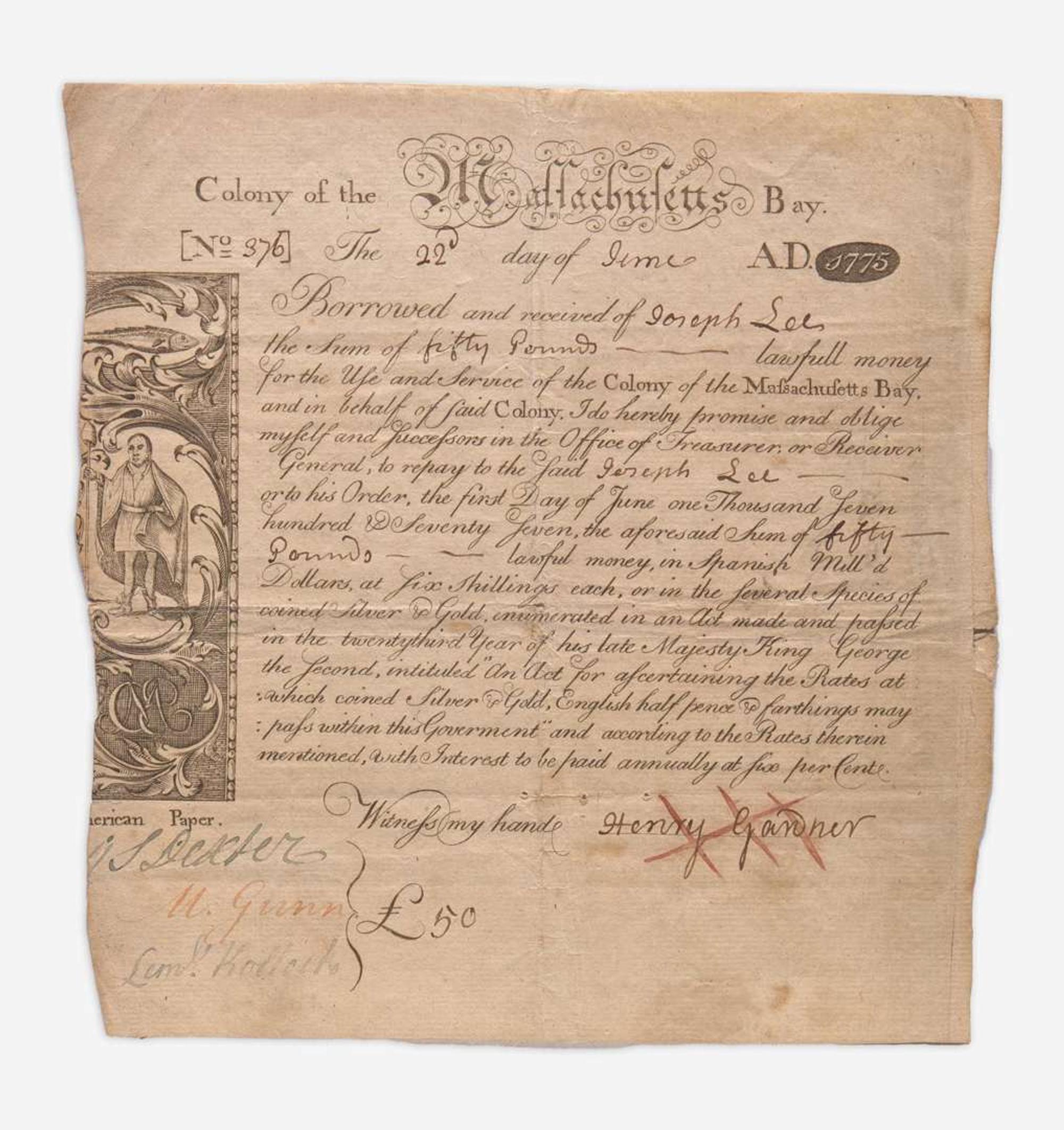 [American Revolution] [Revere, Paul] Partially-printed Colony of the Massachusetts Bay bond