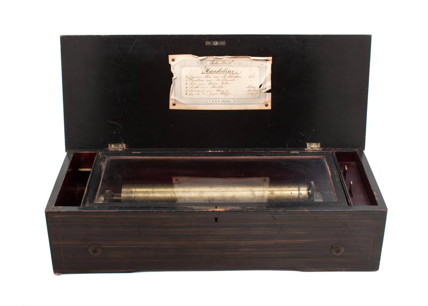 A Cylinder Music Box Height 5 3/8 x width 22 1/4 x depth 8 3/4 inches. — FK&S, DRESDEN