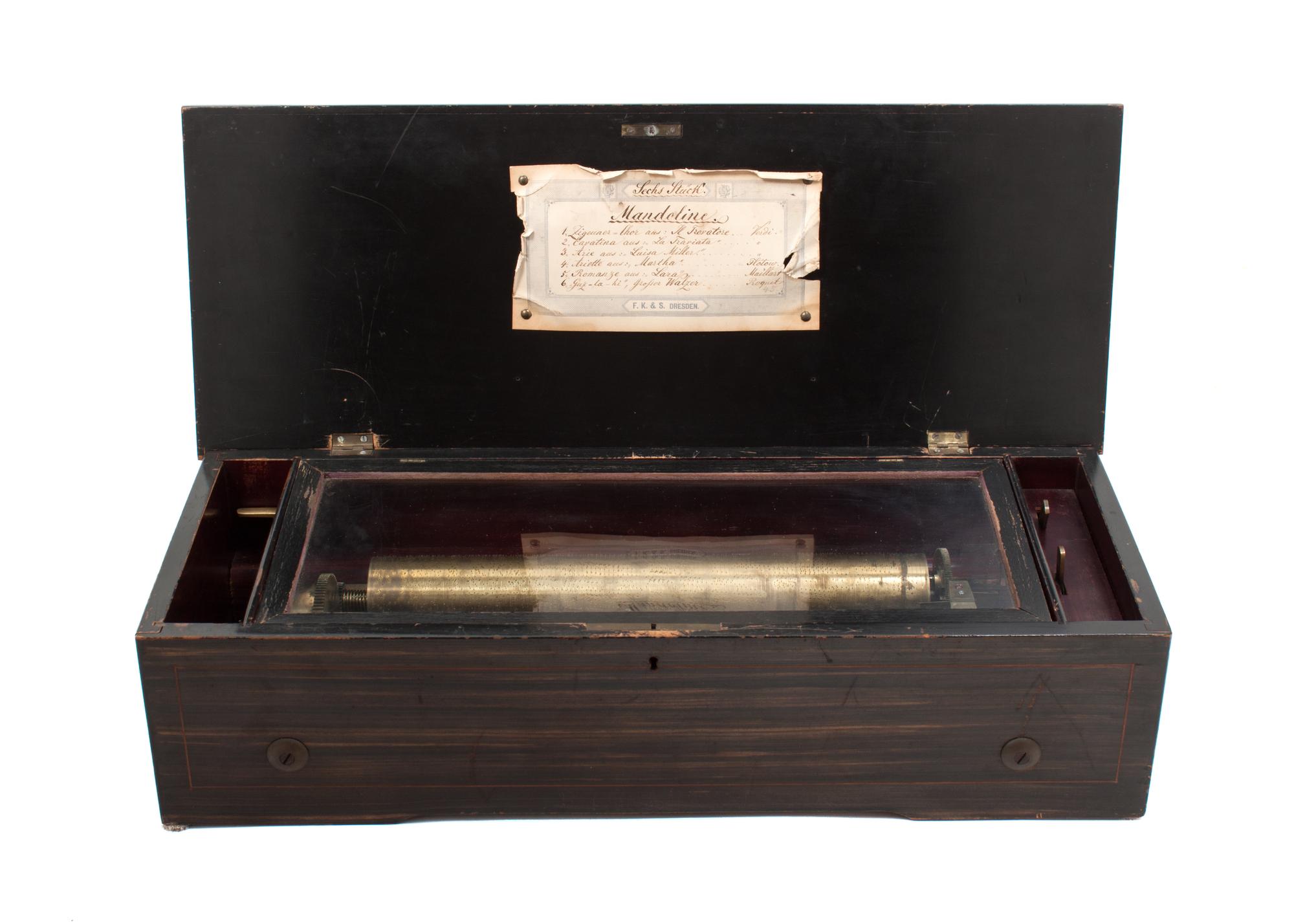 A Cylinder Music Box Height 5 3/8 x width 22 1/4 x depth 8 3/4 inches. — FK&S, DRESDEN