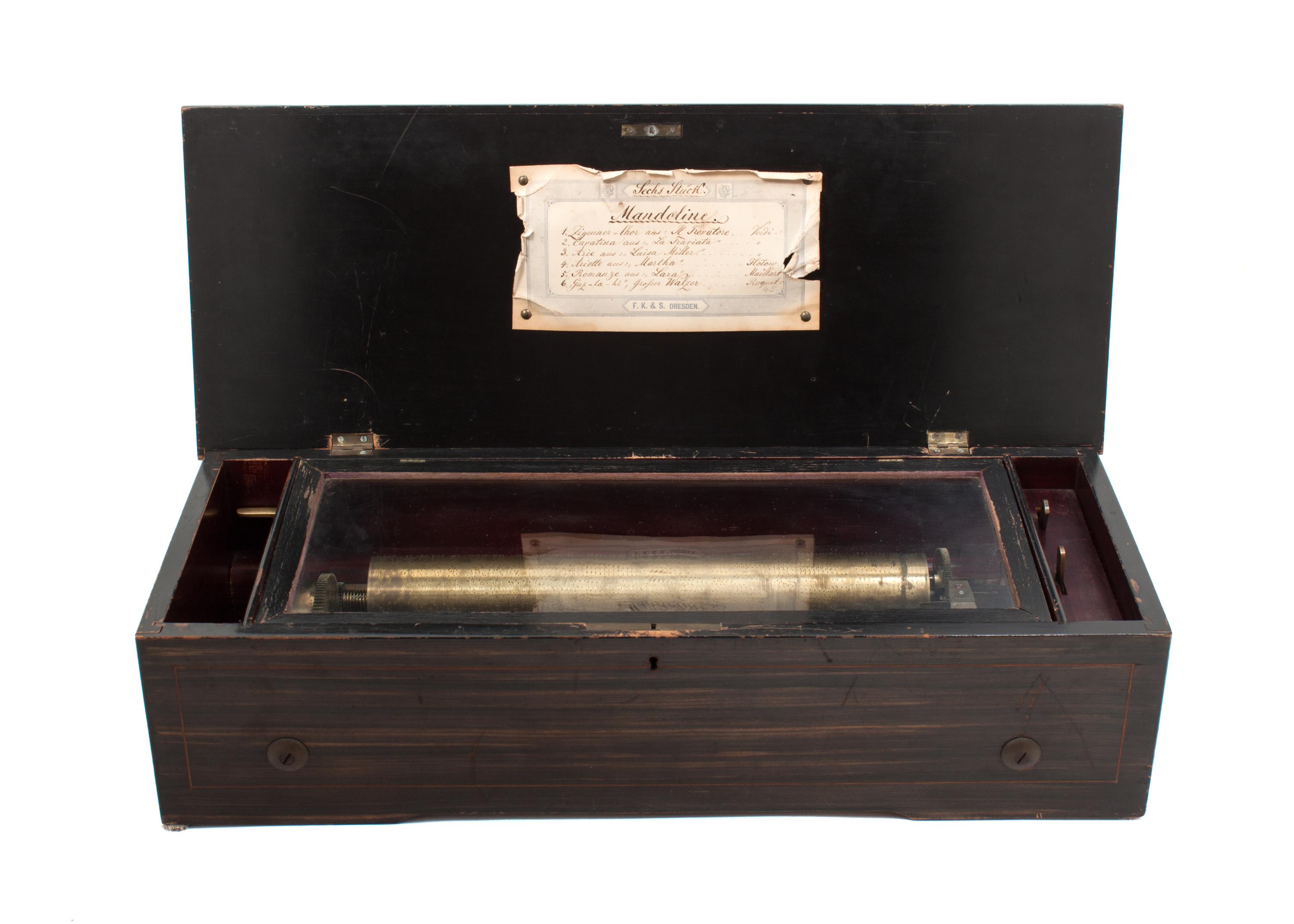 A Cylinder Music Box Height 5 3/8 x width 22 1/4 x depth 8 3/4 inches. — FK&S, DRESDEN
