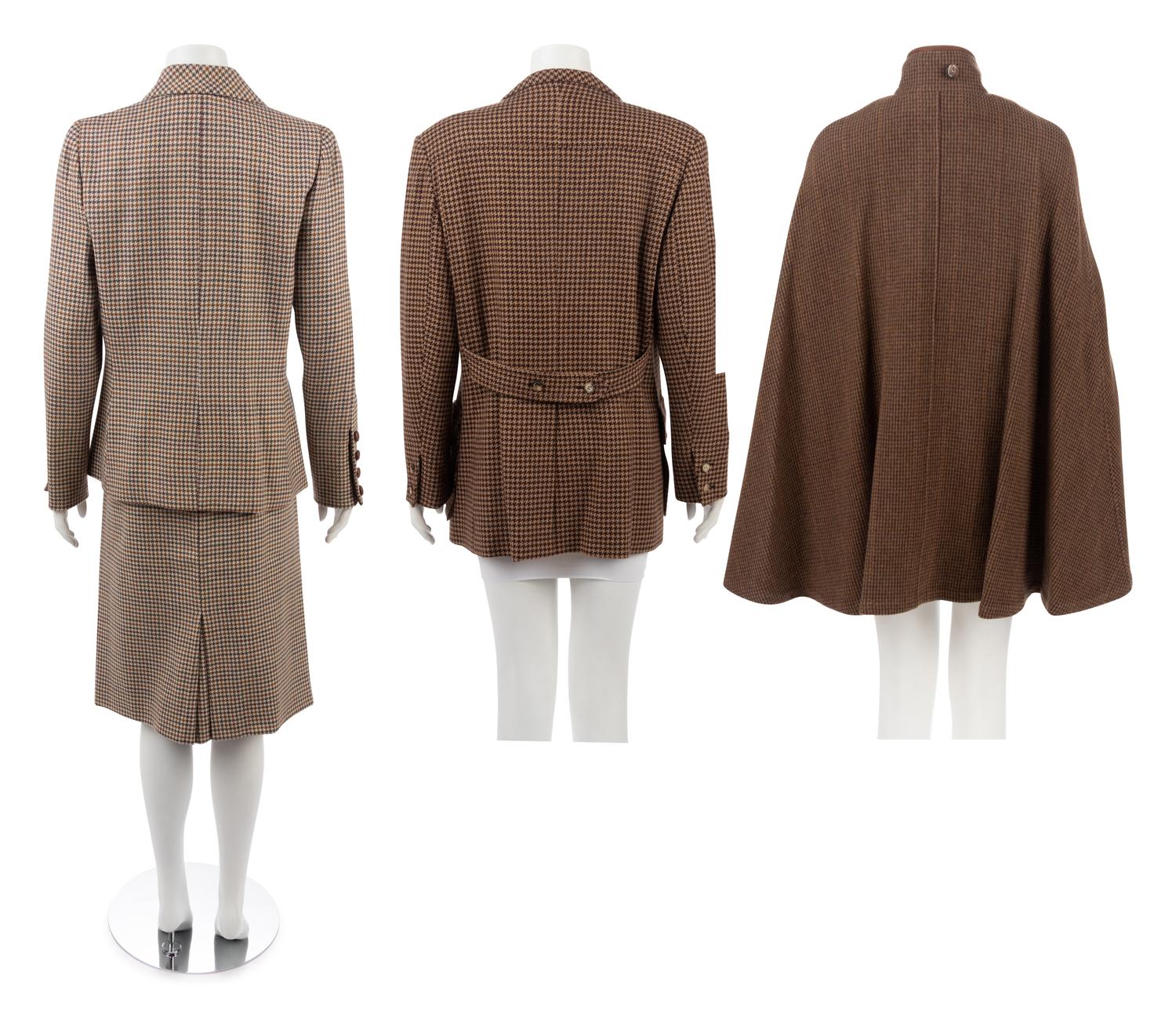 Four Houndstooth Pieces: One Oscar de la Renta Two-Piece Skirt Suit, One Hermes Jacket, One Ralph Lauren Cape