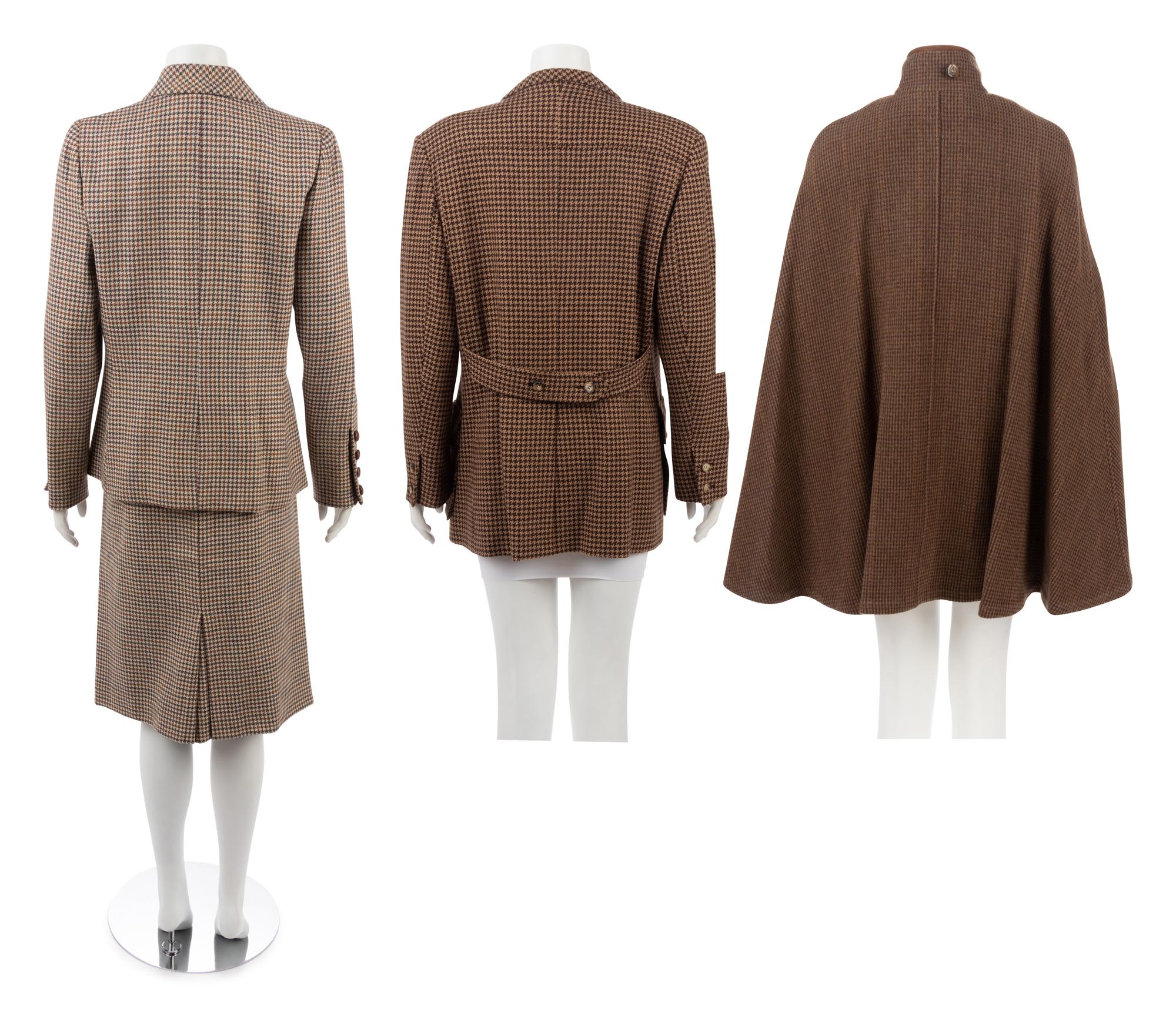 Four Houndstooth Pieces: One Oscar de la Renta Two-Piece Skirt Suit, One Hermes Jacket, One Ralph Lauren Cape