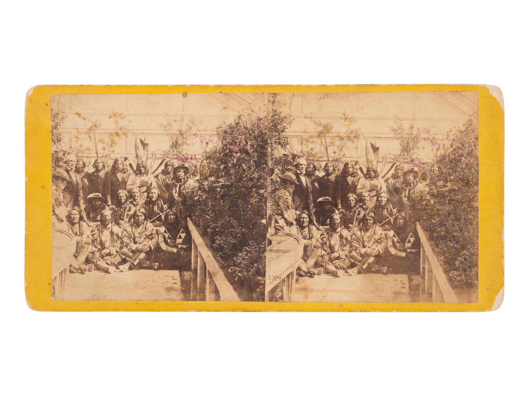 [NATIVE AMERICANS]. [BRADY, Mathew (1822-1896), photographer]. Stereoview of the Southern Plains delegation at the White House Conservatory, 27 March 1863. New York: E. & H.T. Anthony.