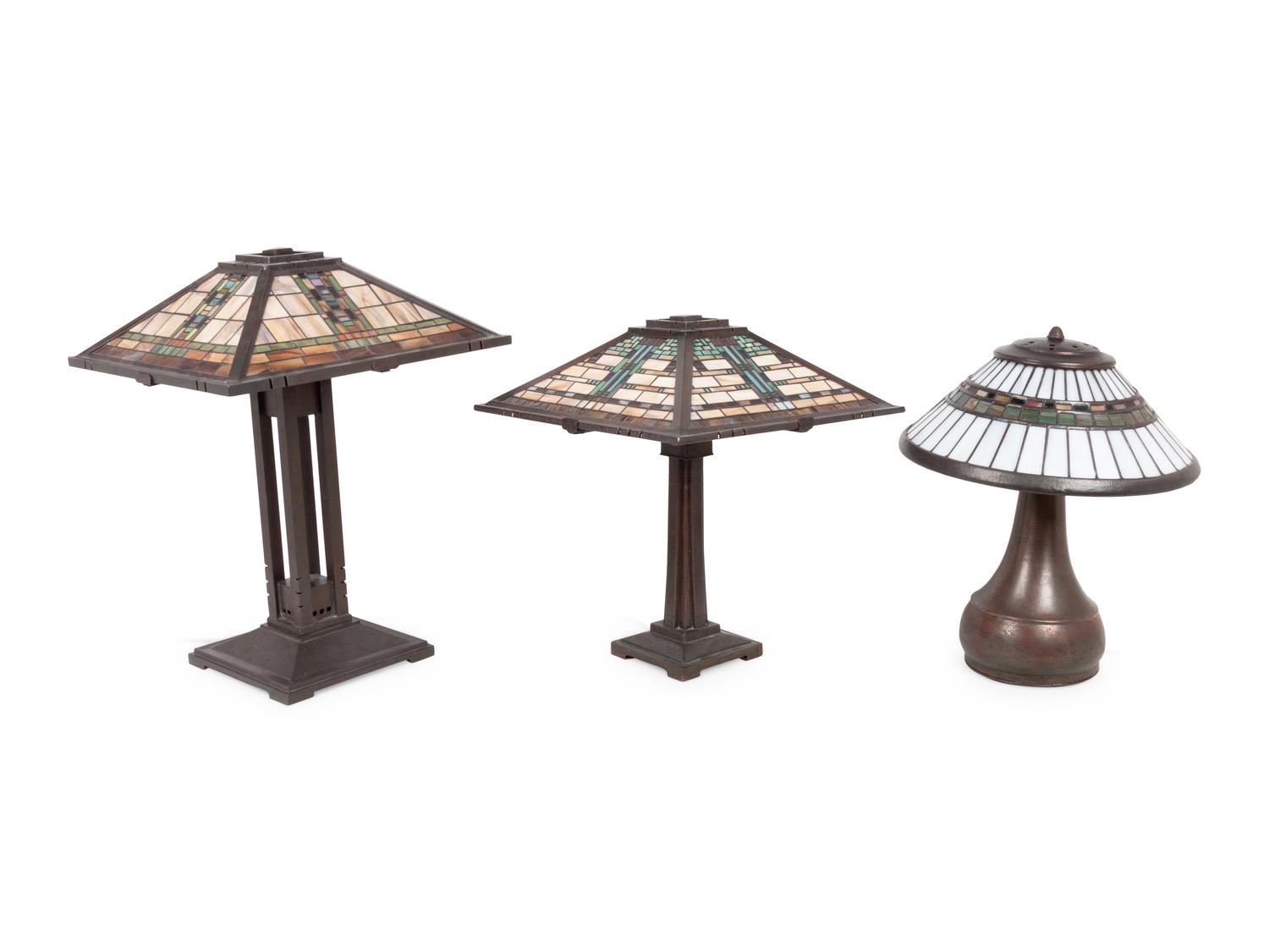 Three Karl Berry Slag Glass Lamps in the Manner of Frank Lloyd Wright
