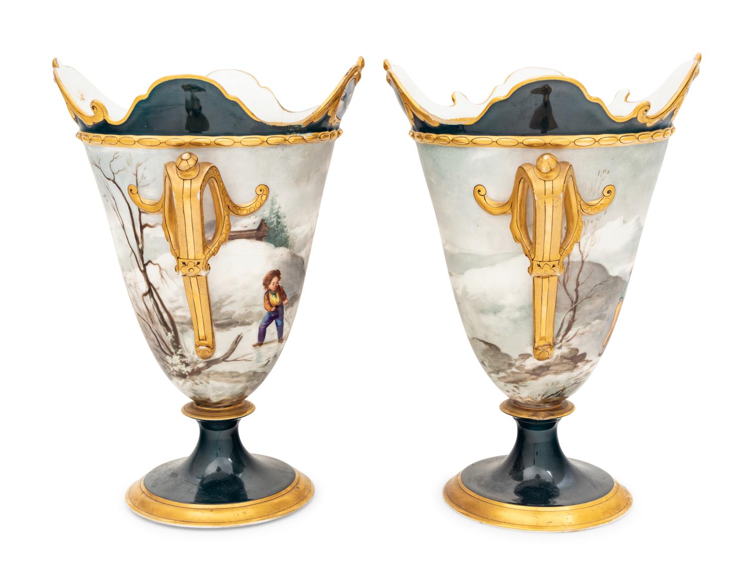 A Pair of Continental Porcelain Vases Decorated with Winter Scenes
