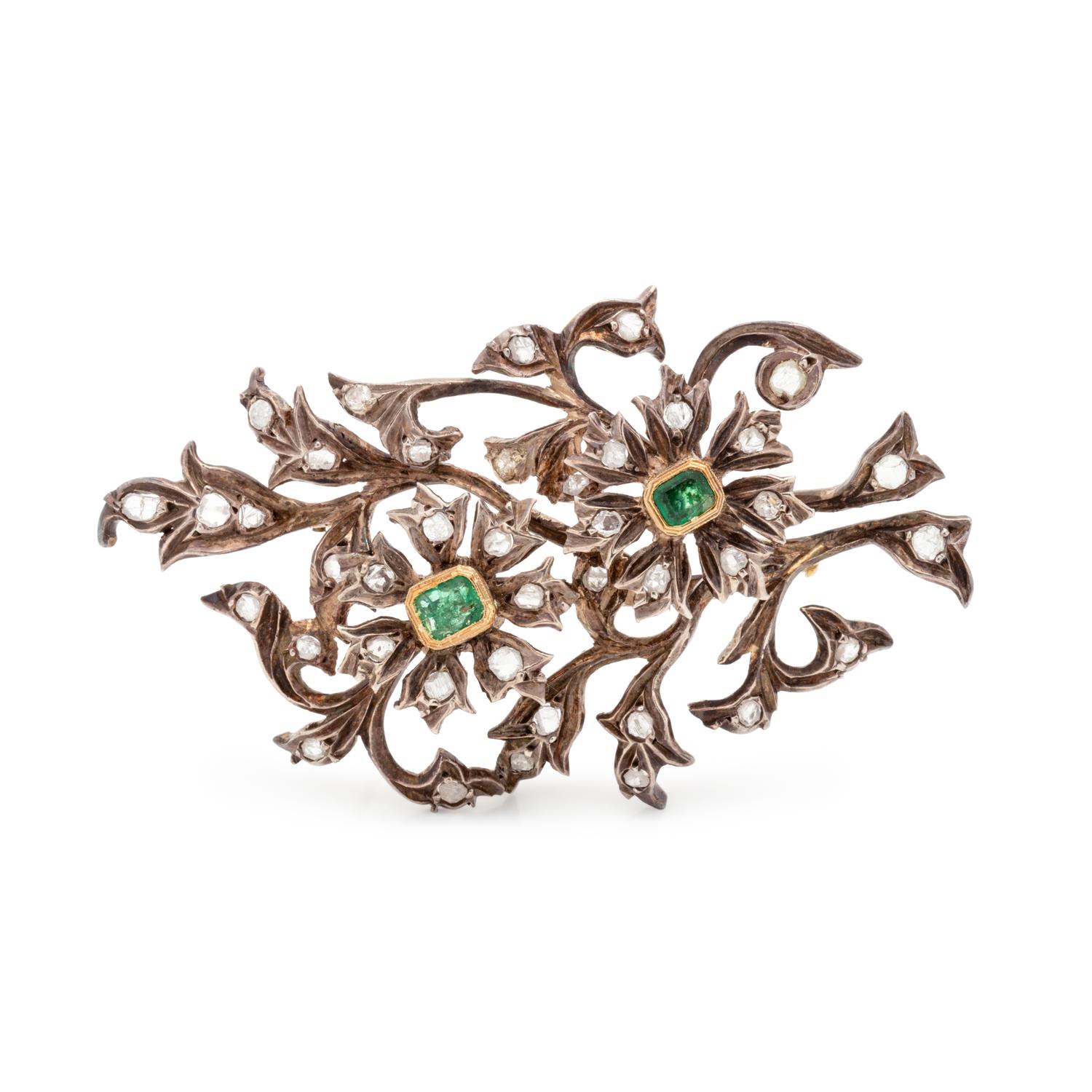 EMERALD AND DIAMOND FLOWER BROOCH