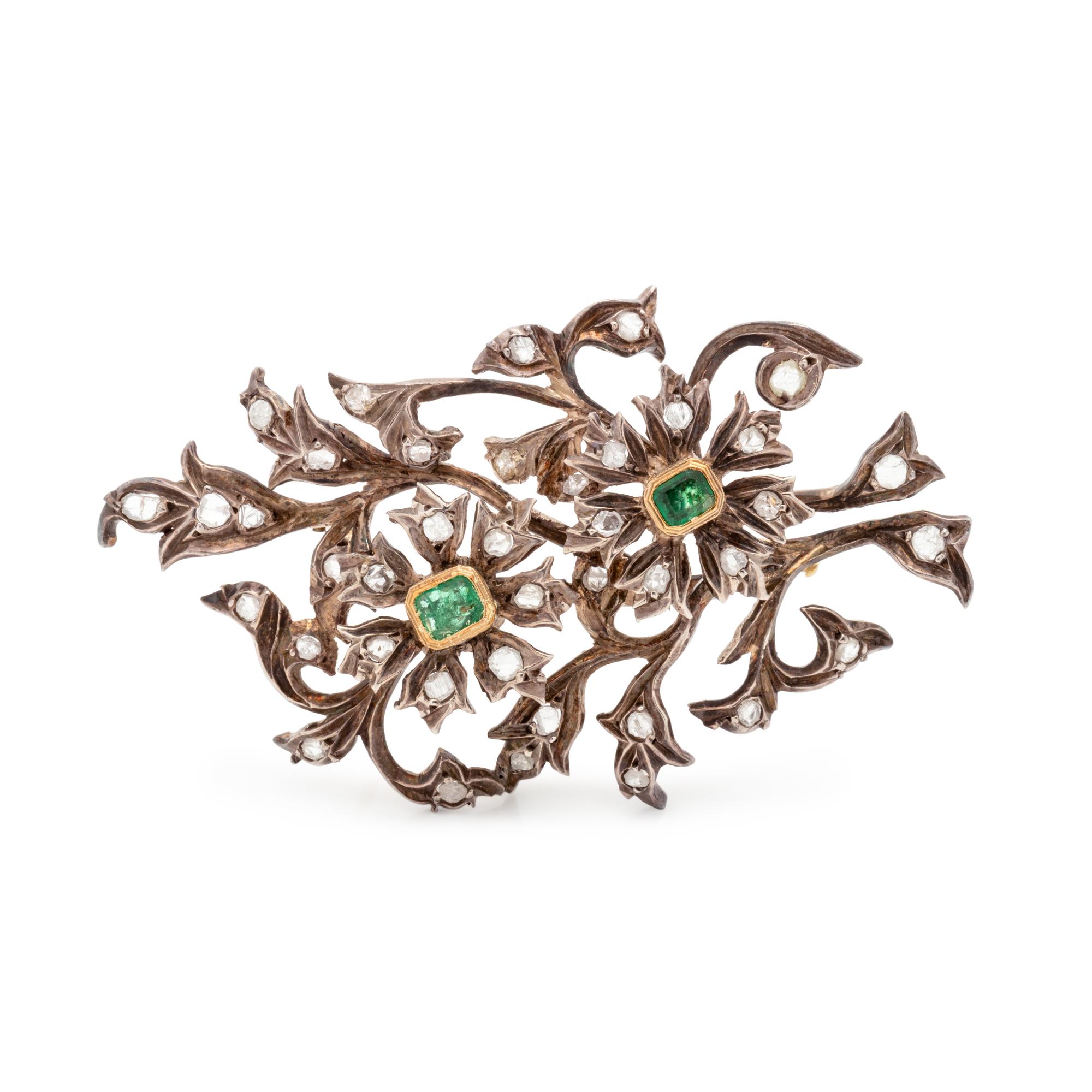 EMERALD AND DIAMOND FLOWER BROOCH