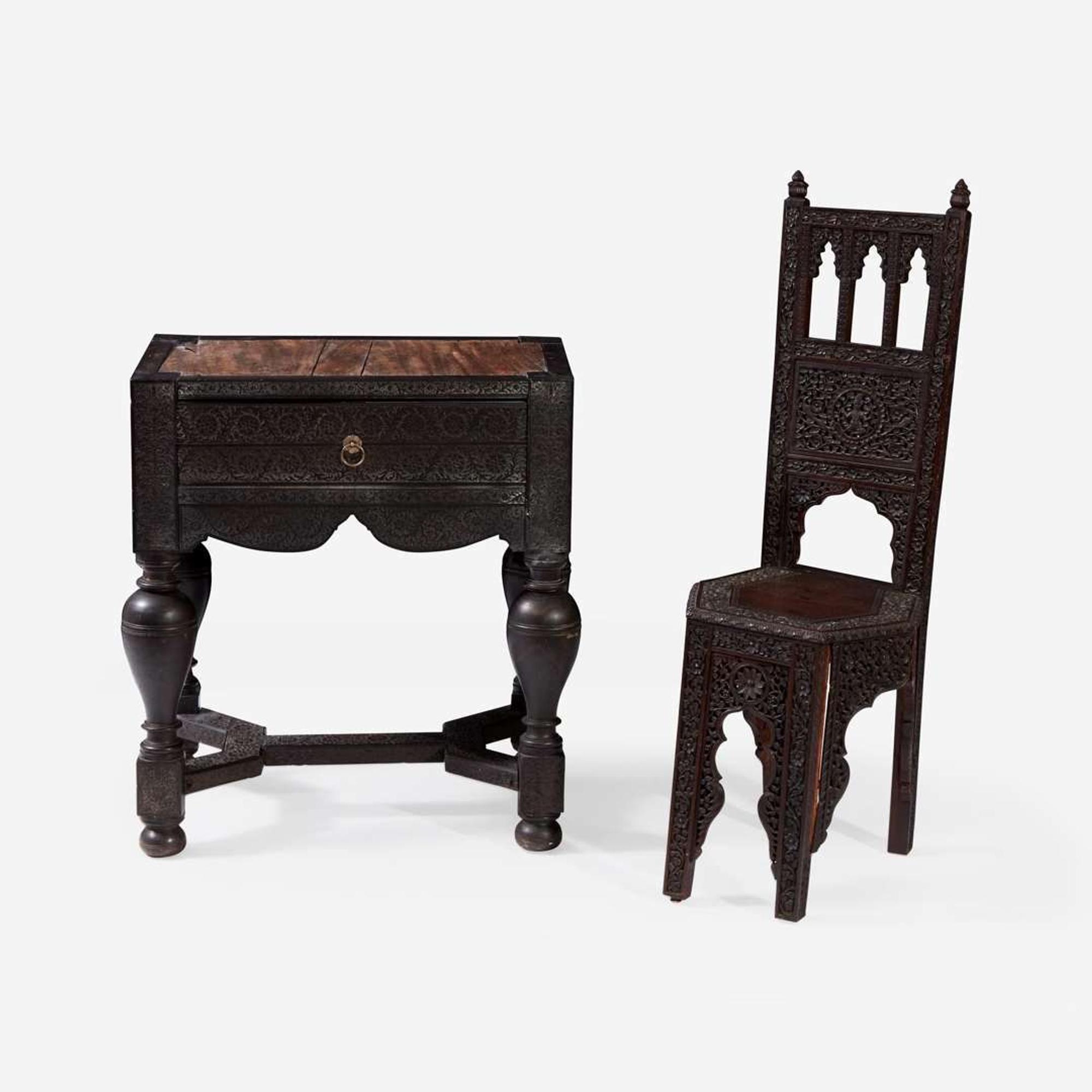 An Anglo-Indian Carved Hardwood Side Table and Side Chair