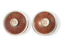 A Pair of Chinese Faux Bois Porcelain Erotic Tea Bowls, Covers, and Stands