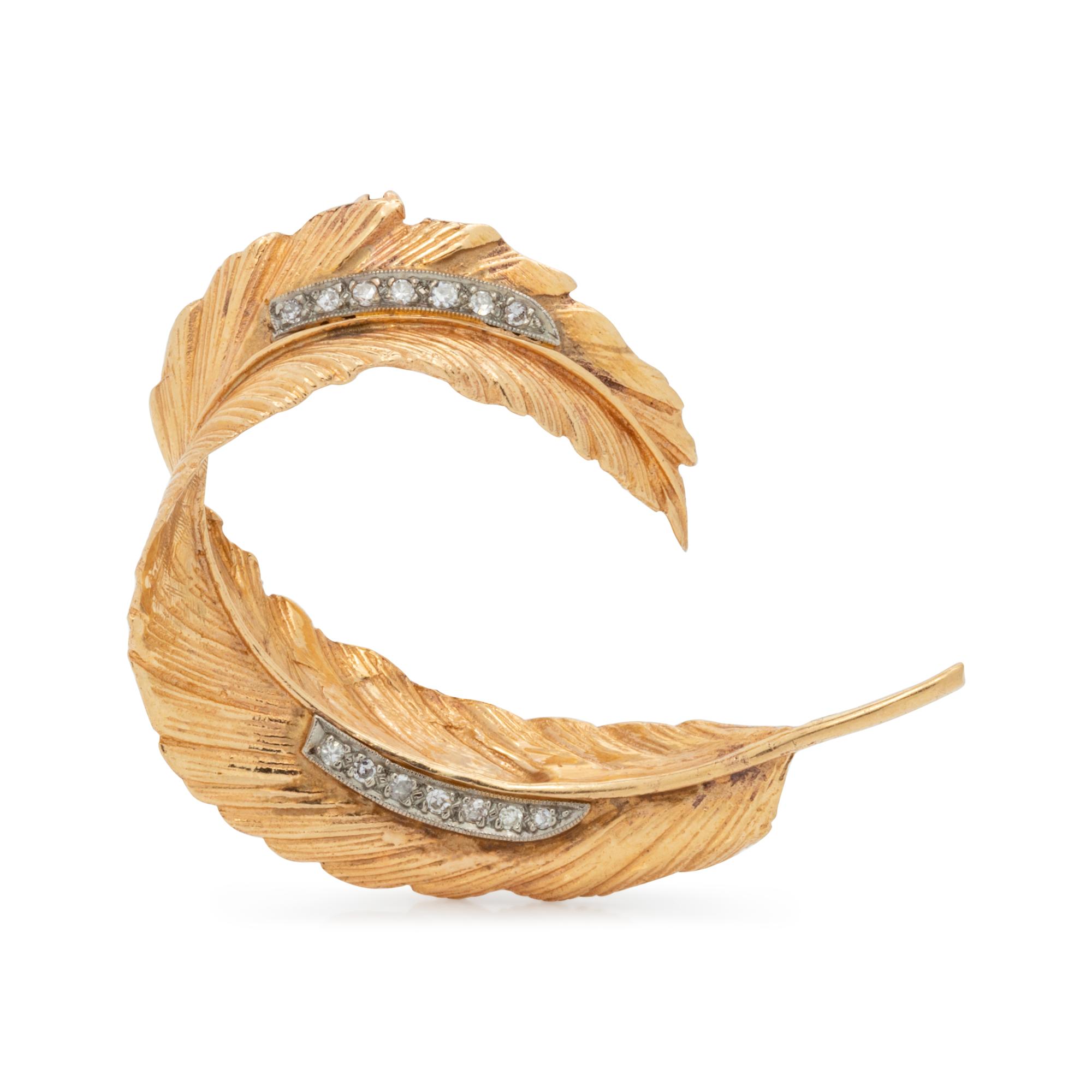 YELLOW GOLD AND DIAMOND FEATHER BROOCH