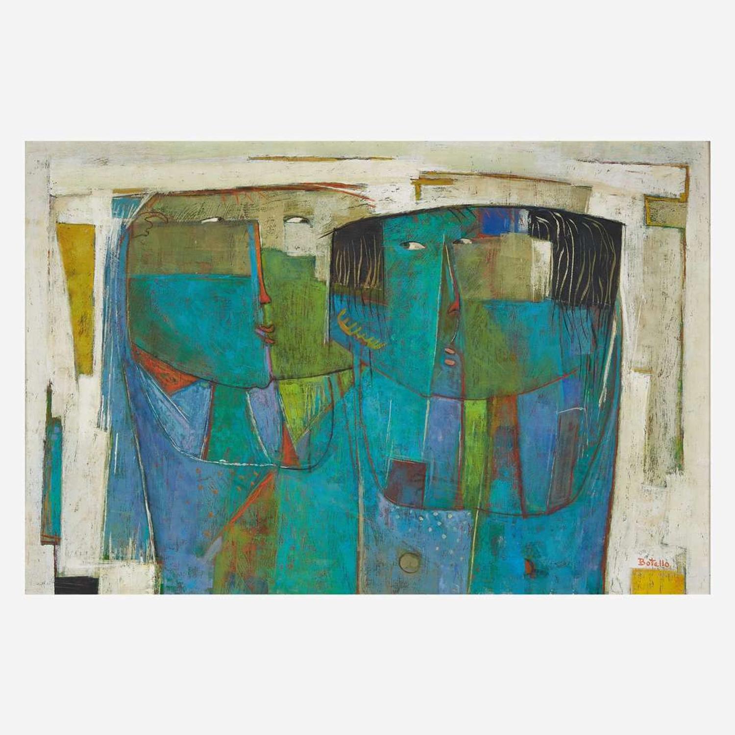 Ángel Botello (Puerto Rican, 1913-1986) Two Blue Figures on a White Background