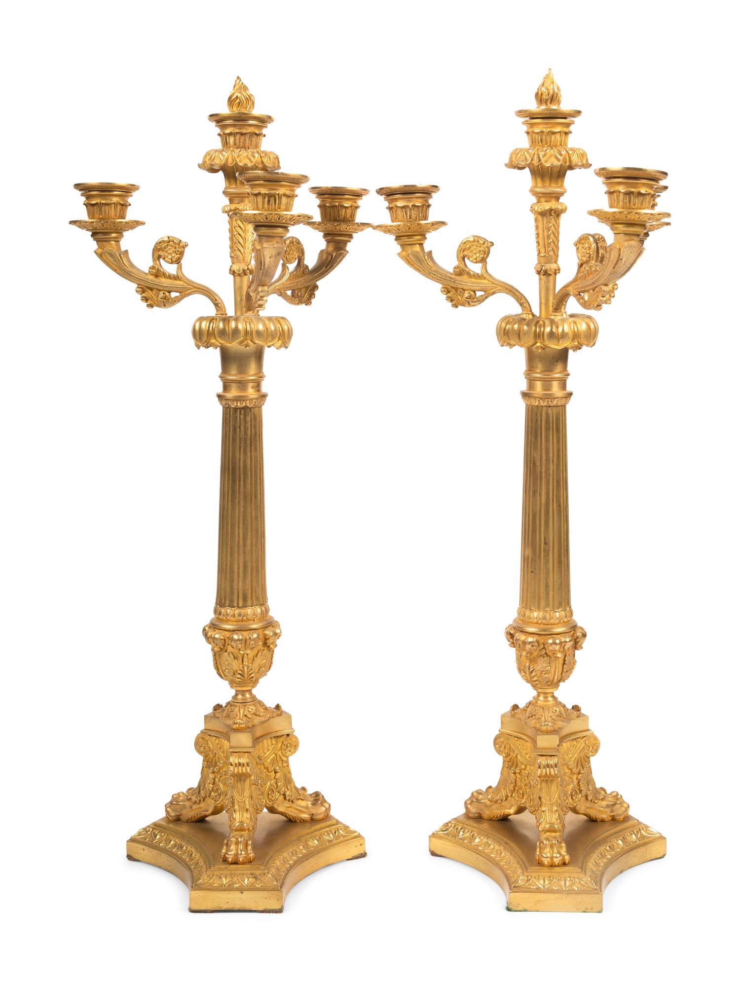 A Pair of Charles X Style Gilt Bronze Three-Light Candelabra