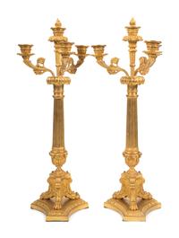 A Pair of Charles X Style Gilt Bronze Three-Light Candelabra